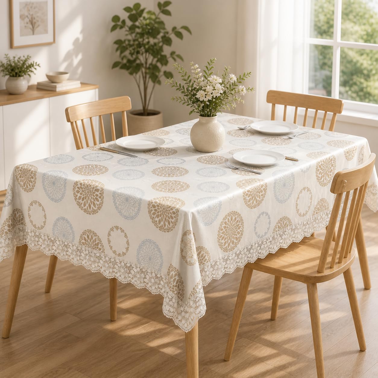 GLOSCEND Tablecloth, Rectangular Table Cover, Floral Medallion Print in Soft Blue and Beige on White Base, Decorative Lace Borde