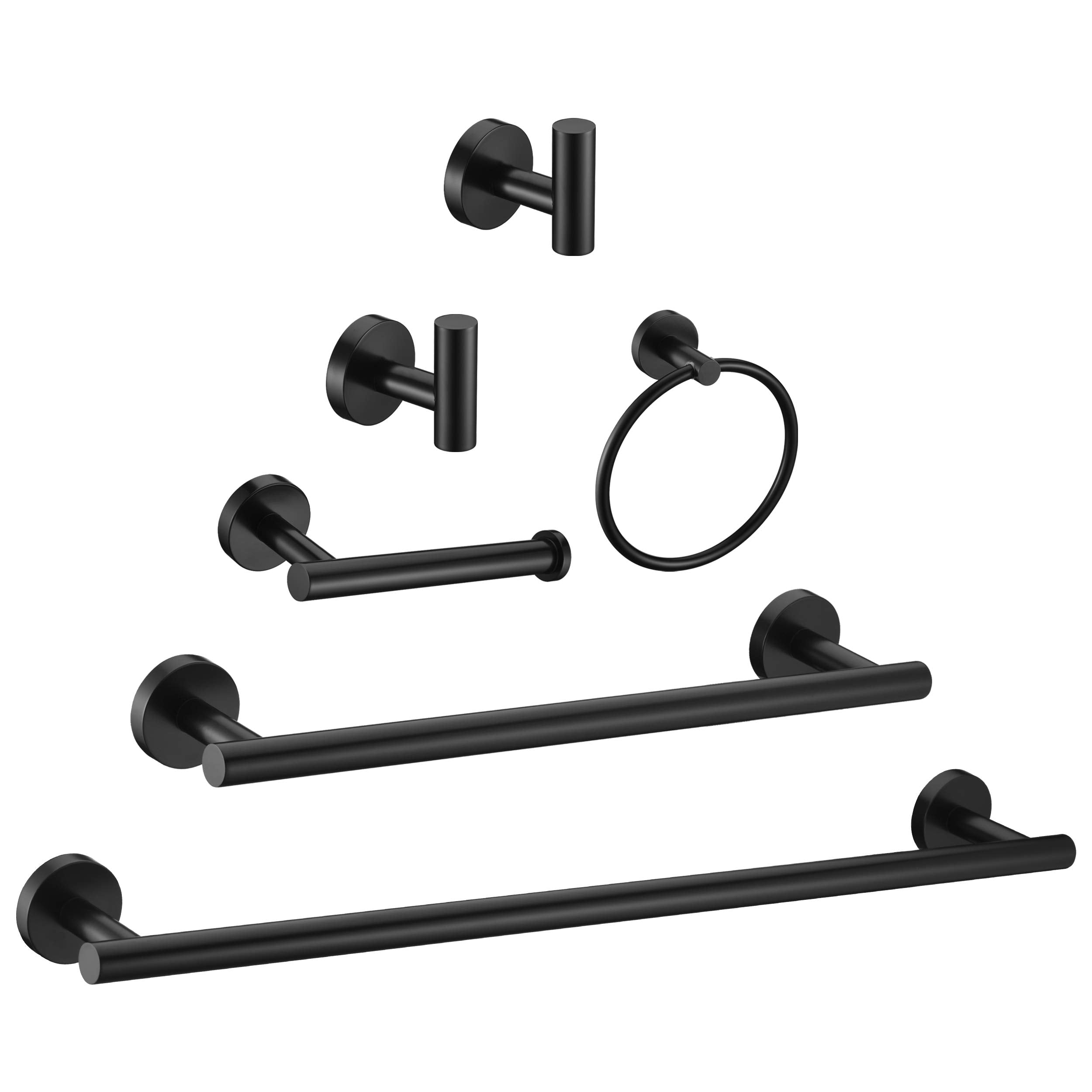 6 Pieces Matte Black Bathroom Hardware Accessories Set Hand Towel Ring 18&23.6 Inch Round Towel Bar Silver Toilet Paper Holder T