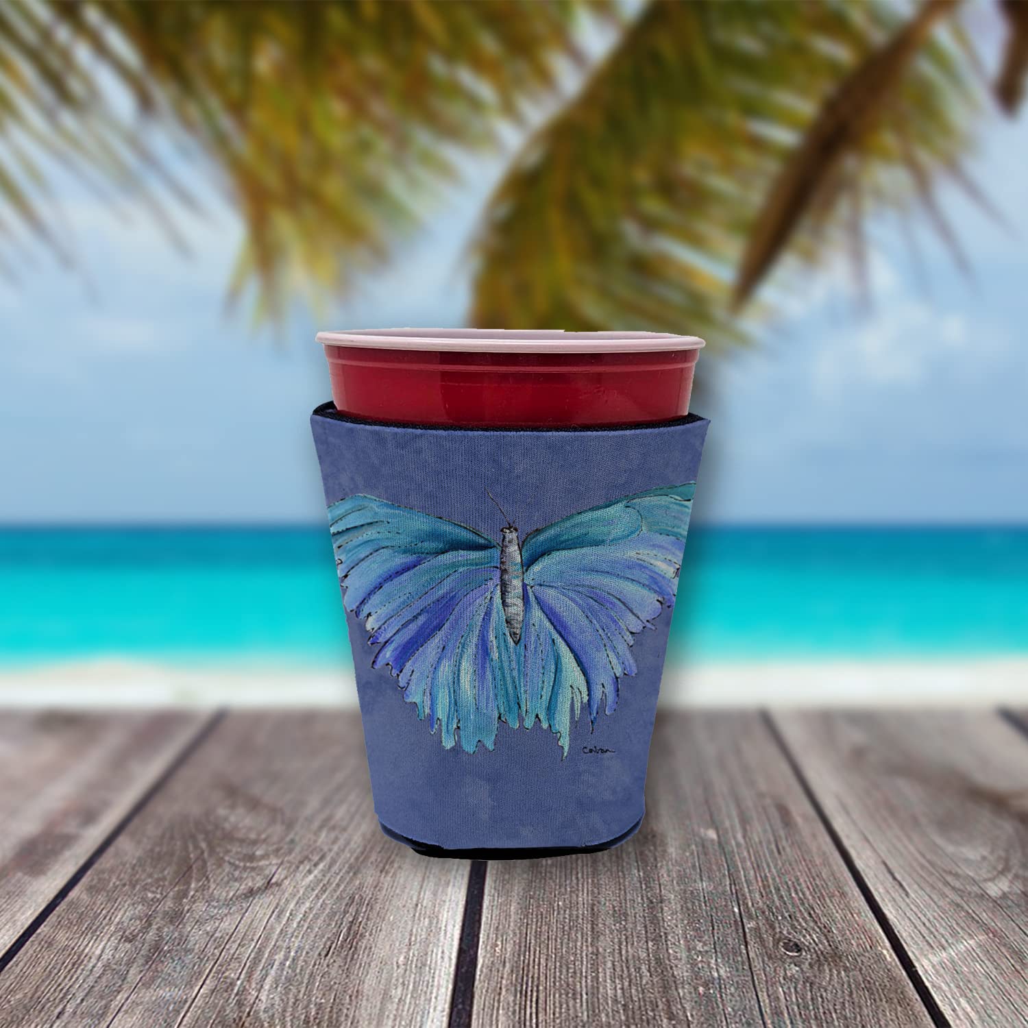 Butterfly on Slate Blue Red Solo Cup Beverage Insulator Hugger