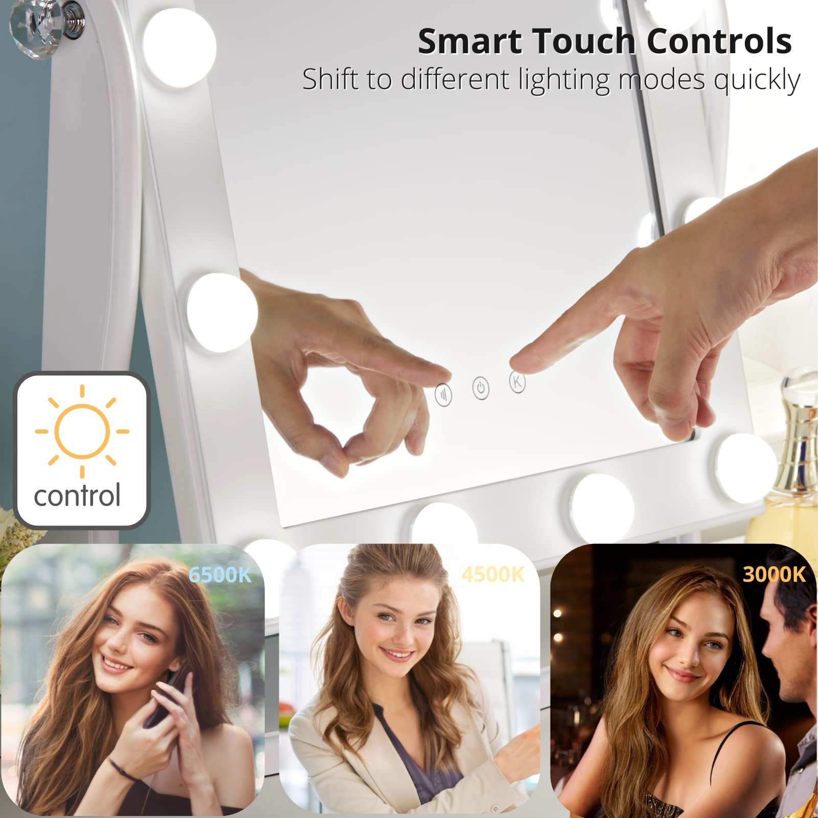 LUXFURNI Vanity Mirror with Lights, 13 LED Lights Makeup Mirror Smart Touch Control Dimmable 3 Color Modes, 90Rotation, White