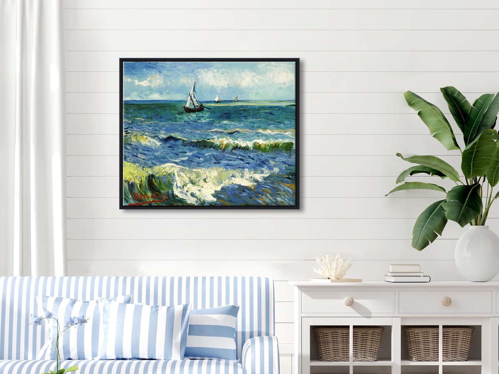 Wieco Art Black Framed Art Seascape At Saintes Maries By Vincent Van Gogh Oil Paintings Reproduction Modern Canvas Prints Sea Pi