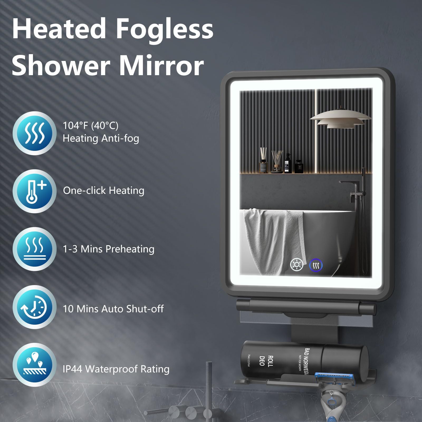 Heated Shower Mirror Fogless For Shaving, 3 Colors Stepless Dimmable Lights Fogless Mirror For Shower, Rechargeable Anti Fog Sha