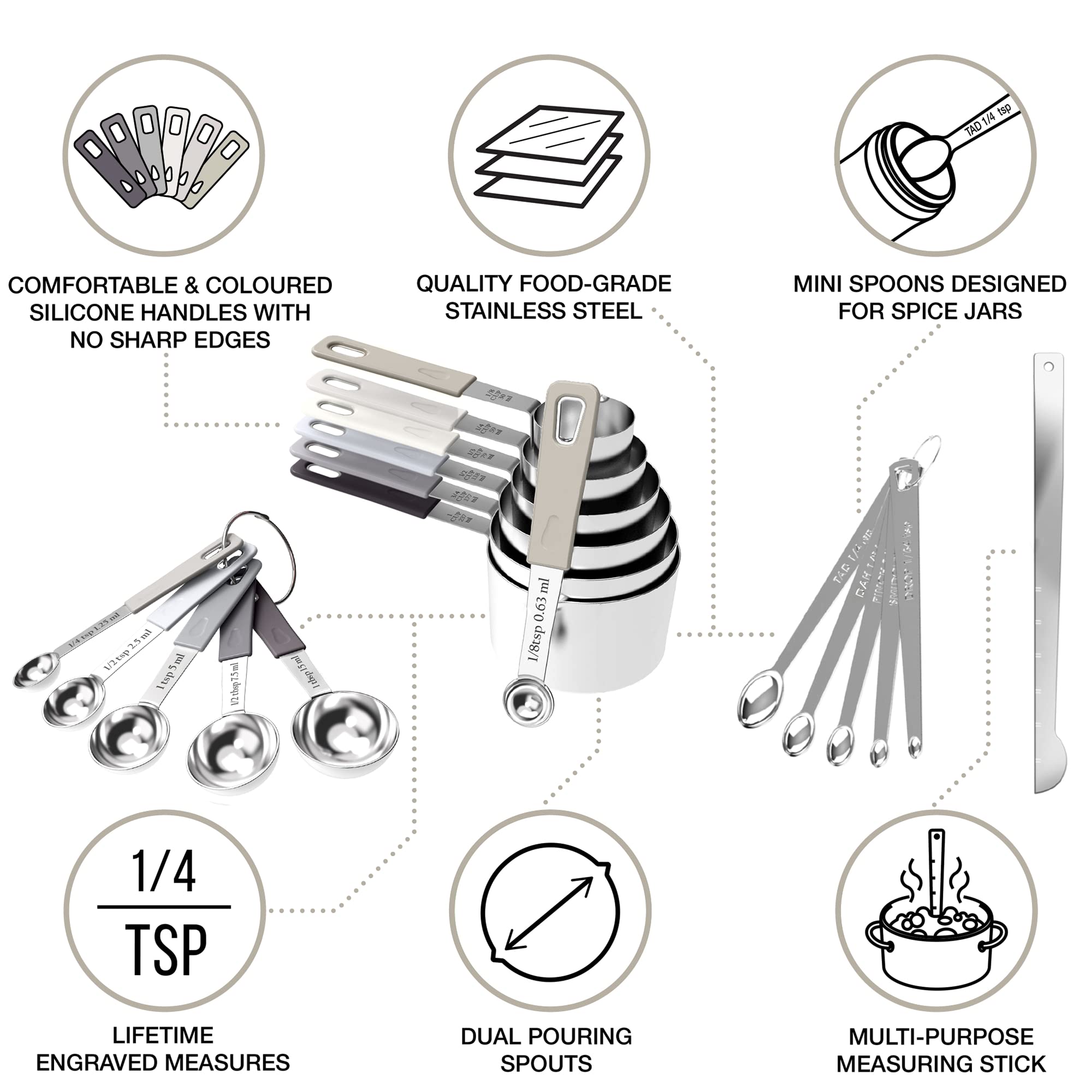Cuttlelab 22-Piece Stainless Steel Measuring Cups And Spoons Set, Tad Dash Pinch Smidgen Drop Mini Measuring Spoons, Measuring S