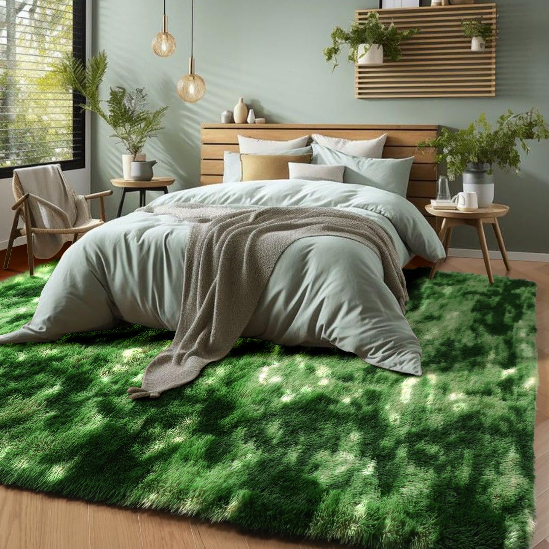 PAGISOFE Area Rugs for Bedroom 4x6, Fluffy Dark Green Rugs for Living Room, Non-Slip Shaggy Carpet for Kids Boys Girls Teen Dorm