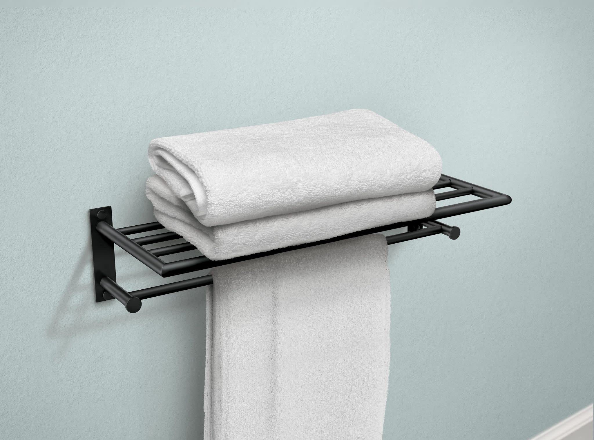 Moen Y5794Bl 24-Inch Wide Modern Bathroom Hotel-Style Towel Storage Shelf With Towel Bar, Matte Black