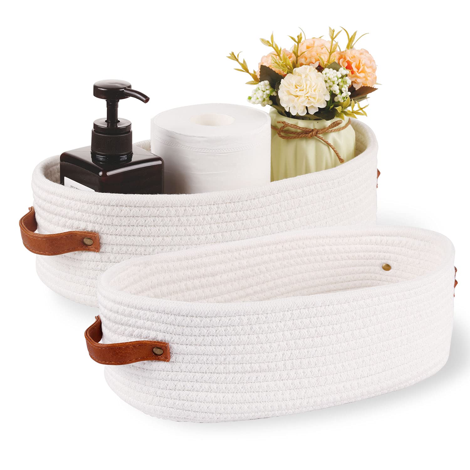 Oradrem 2 Pack Woven Storage Basket For Toilet Tank Top,Farmhouse Home Decor Organizing Baskets For Bathroom,Table And Counter 1
