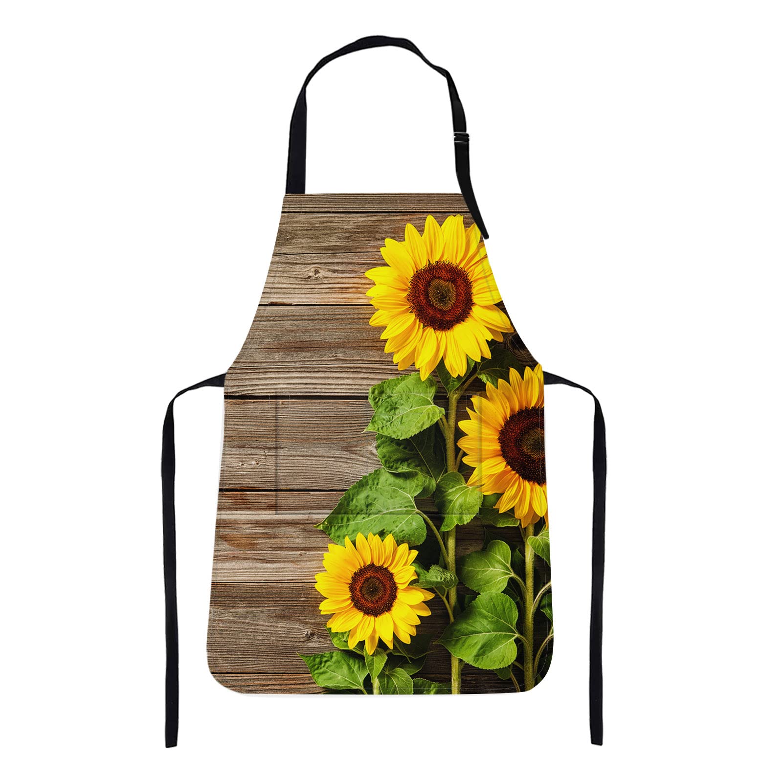 Britimes Apron Home Kitchen Cooking Baking Gardening For Women Men With Pockets Autumn Sunflowers Wooden Board Flower 32X28 Inch