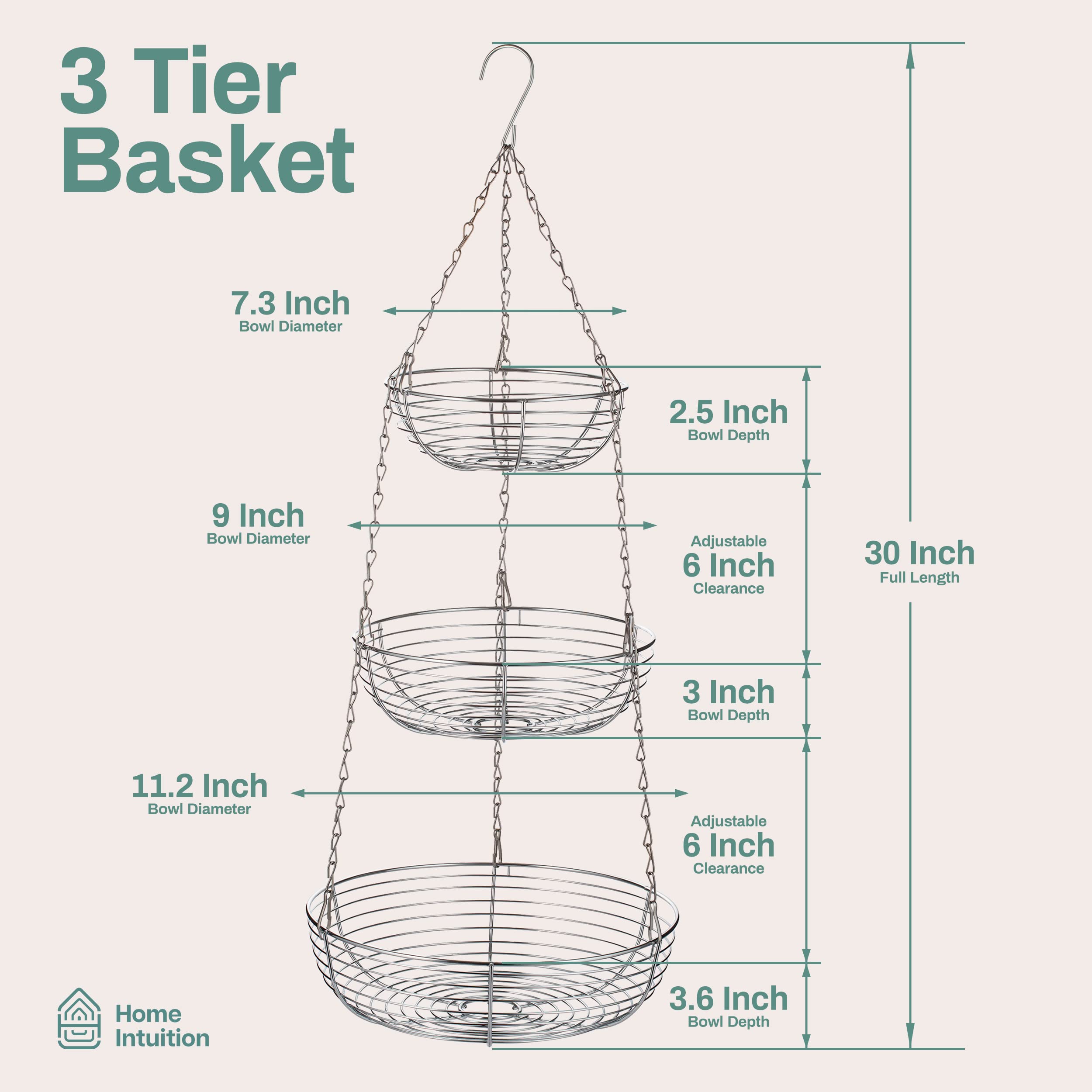 Heavy Duty 3-Tier Hanging Fruit And Vegetable Basket With 2 Metal Ceiling Hooks, Chrome