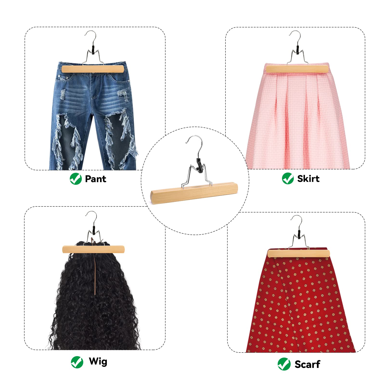 Nature Smile Wooden Pants Skirt Hangers, Smooth Finish Solid Wood Non Slip Jeans Slack Clamp Hangers Hair Extension Hangers(20Pc