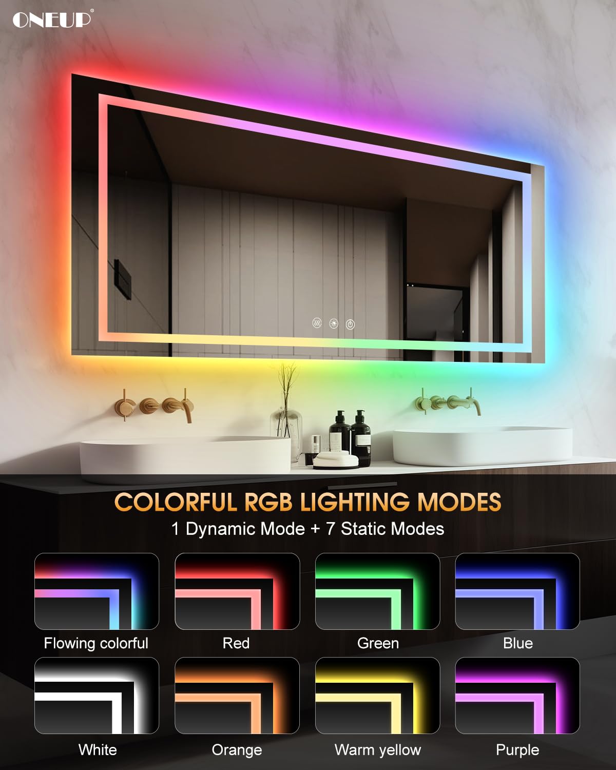 Oneup 60X30 Inch Smart Led Bathroom Mirror,Rgb Color Changing Bathroom Mirror With Lights,Anti-Fog Wall-Mounted Vanity Mirrors,D