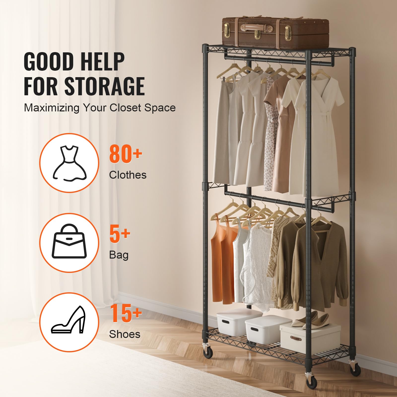 Vevor Heavy Duty Clothes Rack, Double Hanging Rods Clothing Garment Rack With Bottom And Top Storage Tier, Rolling Clothing Rack