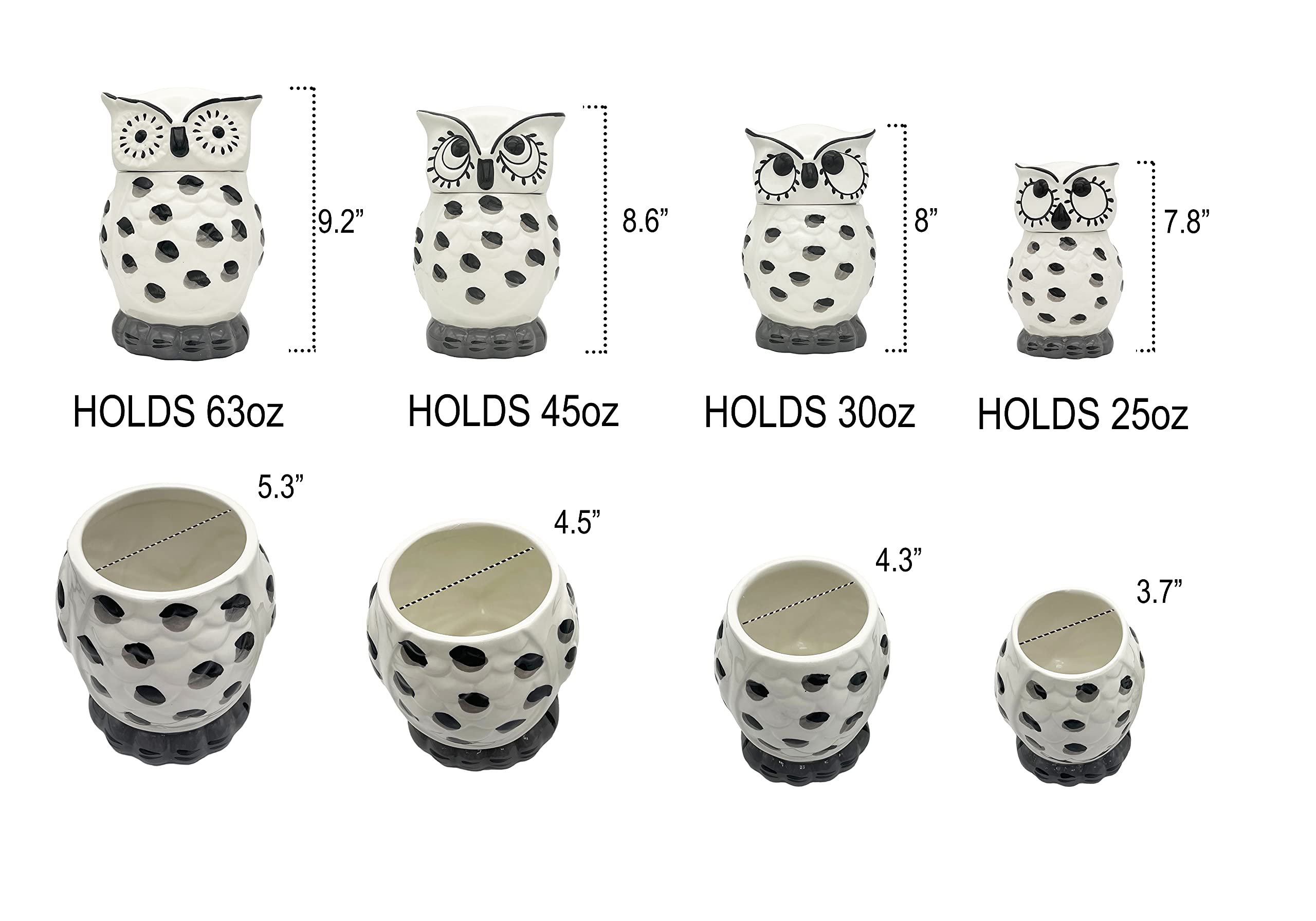 Ack Tuscany Cute Ceramic Owl, Color Of Black And White, 4Pc Canister Set W/Lid, 81601