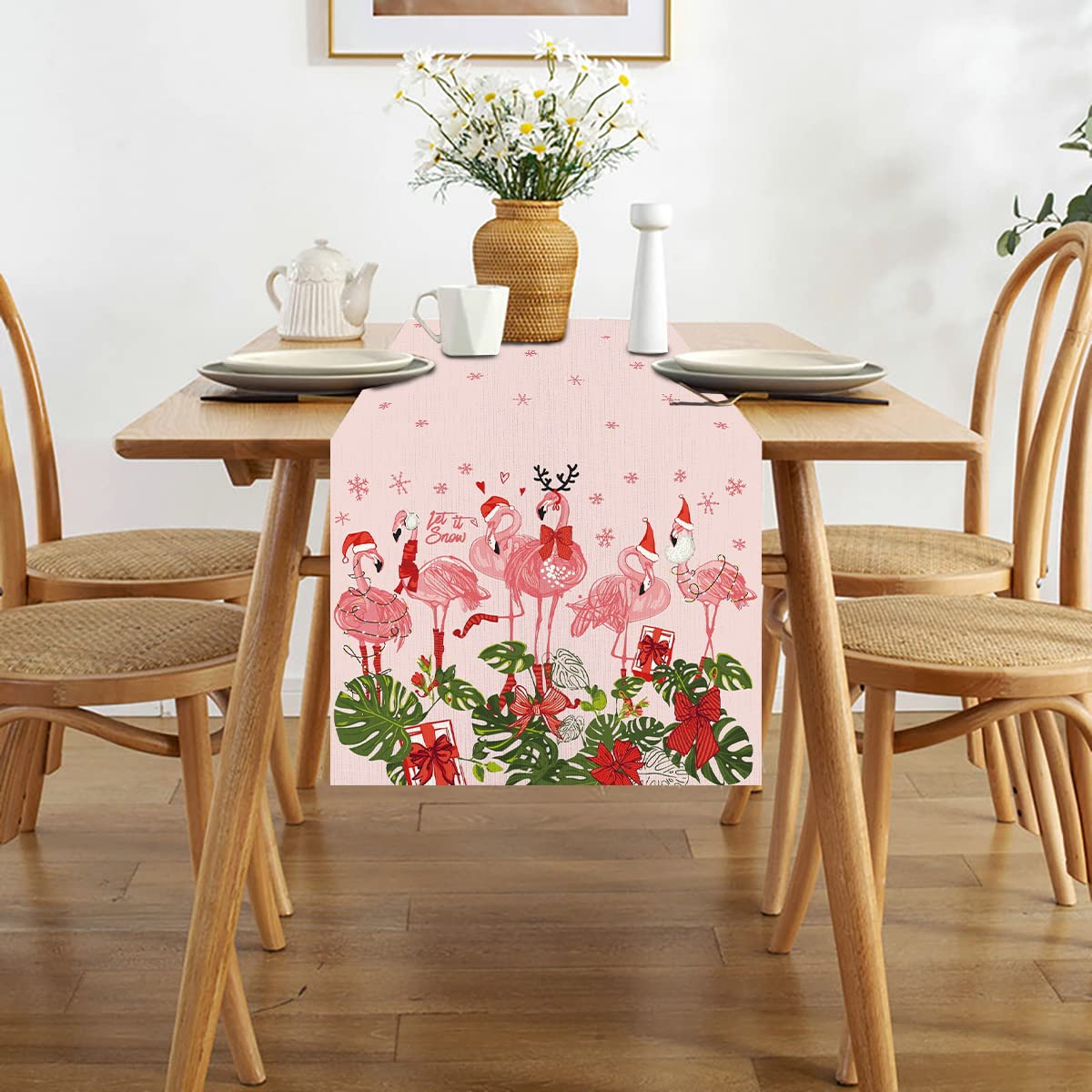 Linen Pink Hawaiian Tropical Flamingo Christmas Table Runner 72 Inches Long Hawaii Beach Christmas Xmas Winter Holiday Home Kitc