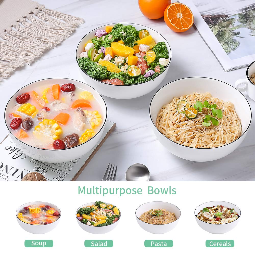 Njcharms Large Serving Bowls, 8'' Big Soup Bowl 60Oz Set Of 3, White Ceramic Bowl For Kitchen, Pho Bowl For Pasta, Ramen, Soup,
