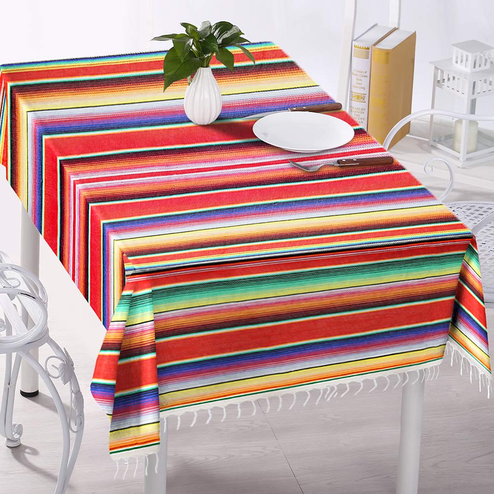 Eccbox 84 X 59 Inch Mexican Tablecloth For Mexican Wedding Party Decorations, Large Square Fringe Cotton Mexican Serape Blanket