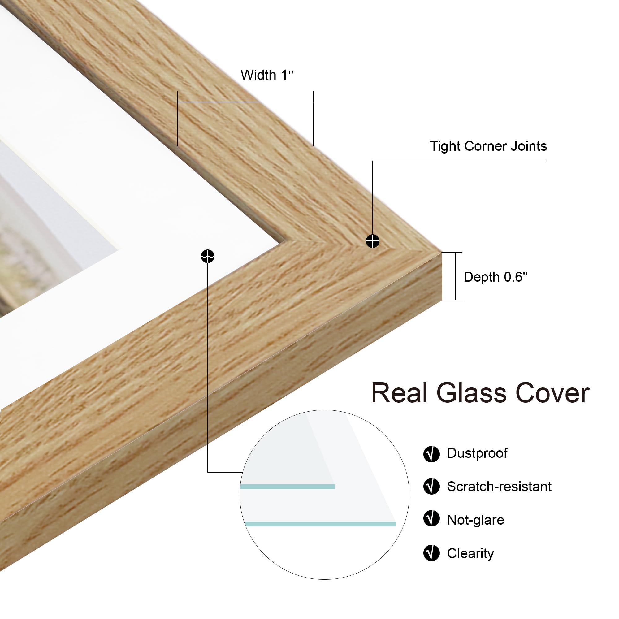 Hongkee 8.5x11 Picture Frame Set of 2, Natural Oak Certificate Document Frames with Glass Collage Frame, Display Pictures Two 5x