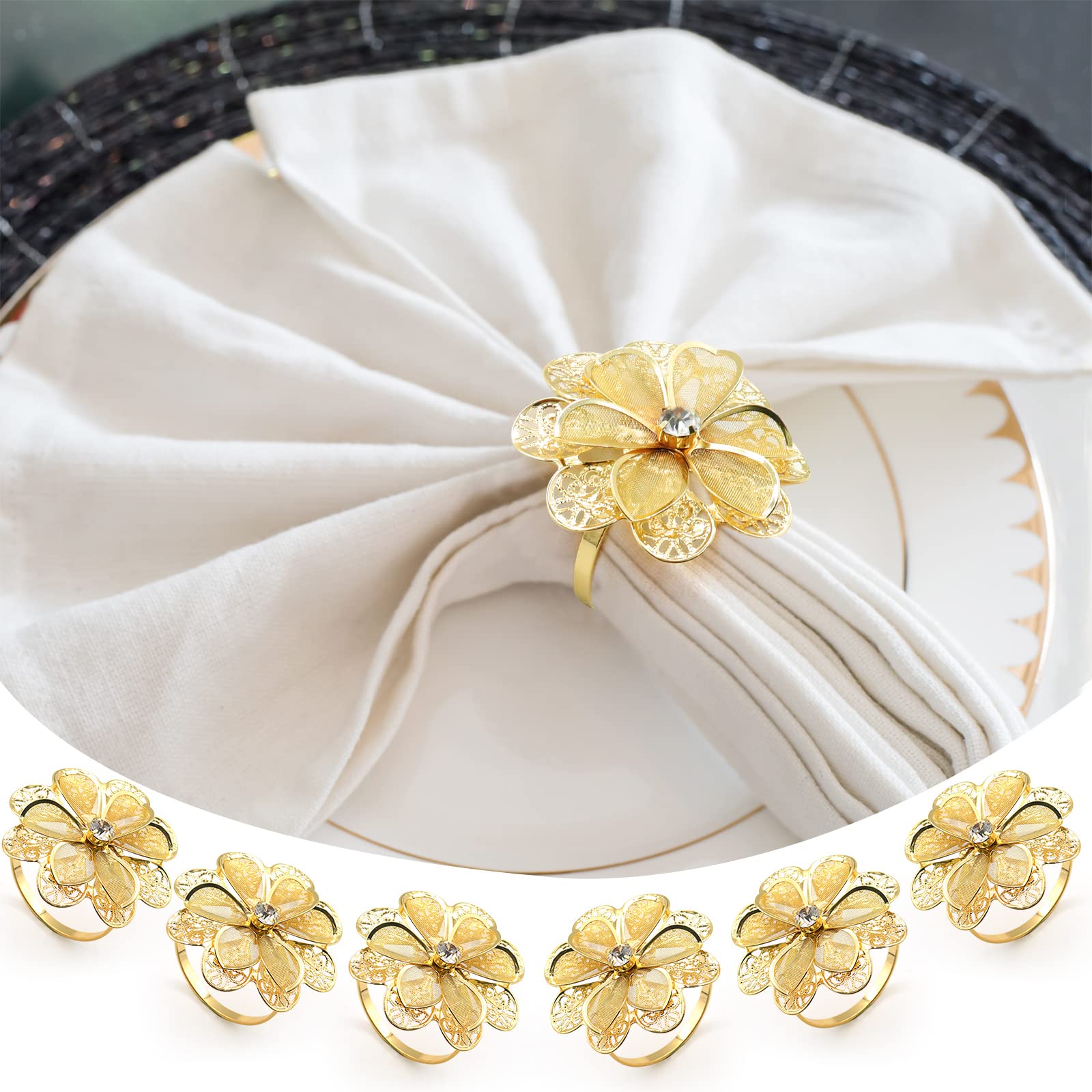 Kakaluote Christmas Napkin Rings Set Of 6,Hollow Out Flower Napkin Ring Holder For Wedding Decor,Banquet,Christmas Dinner Party,