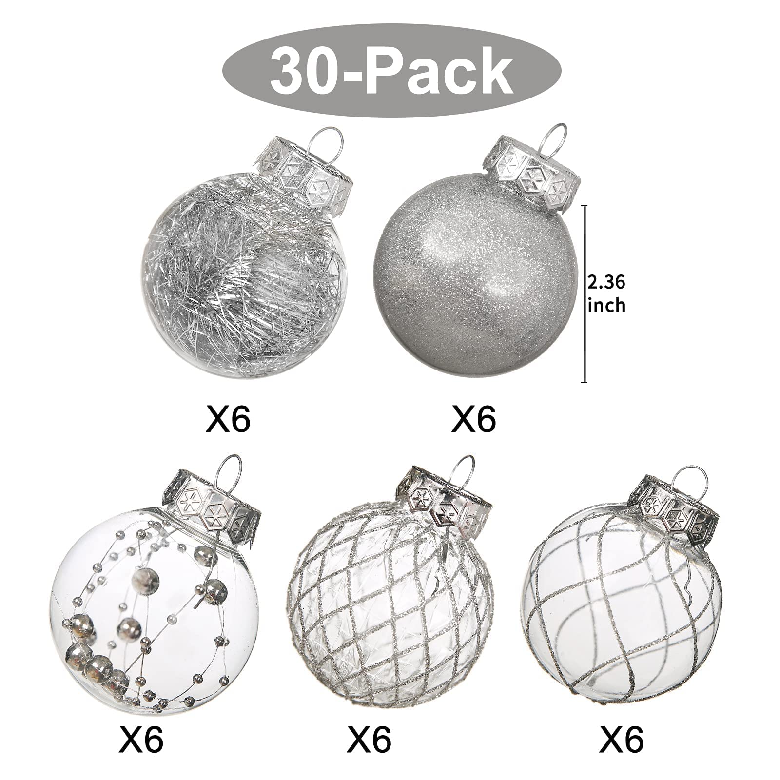Clear Christmas Ball Ornaments, 30ct Shatterproof Xmas Ball Decorations for Christmas Tree 2.36 Inch Silver Hanging Decorative B