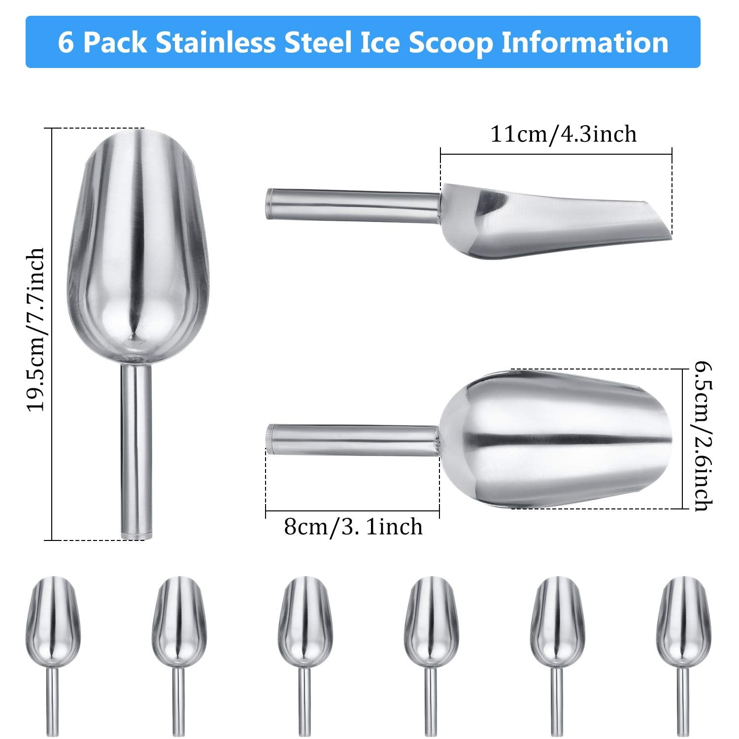 6 Pack 6 Ounce Stainless Steel Ice Scoop Small Metal Candy Scoop Mini Ice Cube Scoop Little Sugar Scoop Cream Scoop For Home Kit