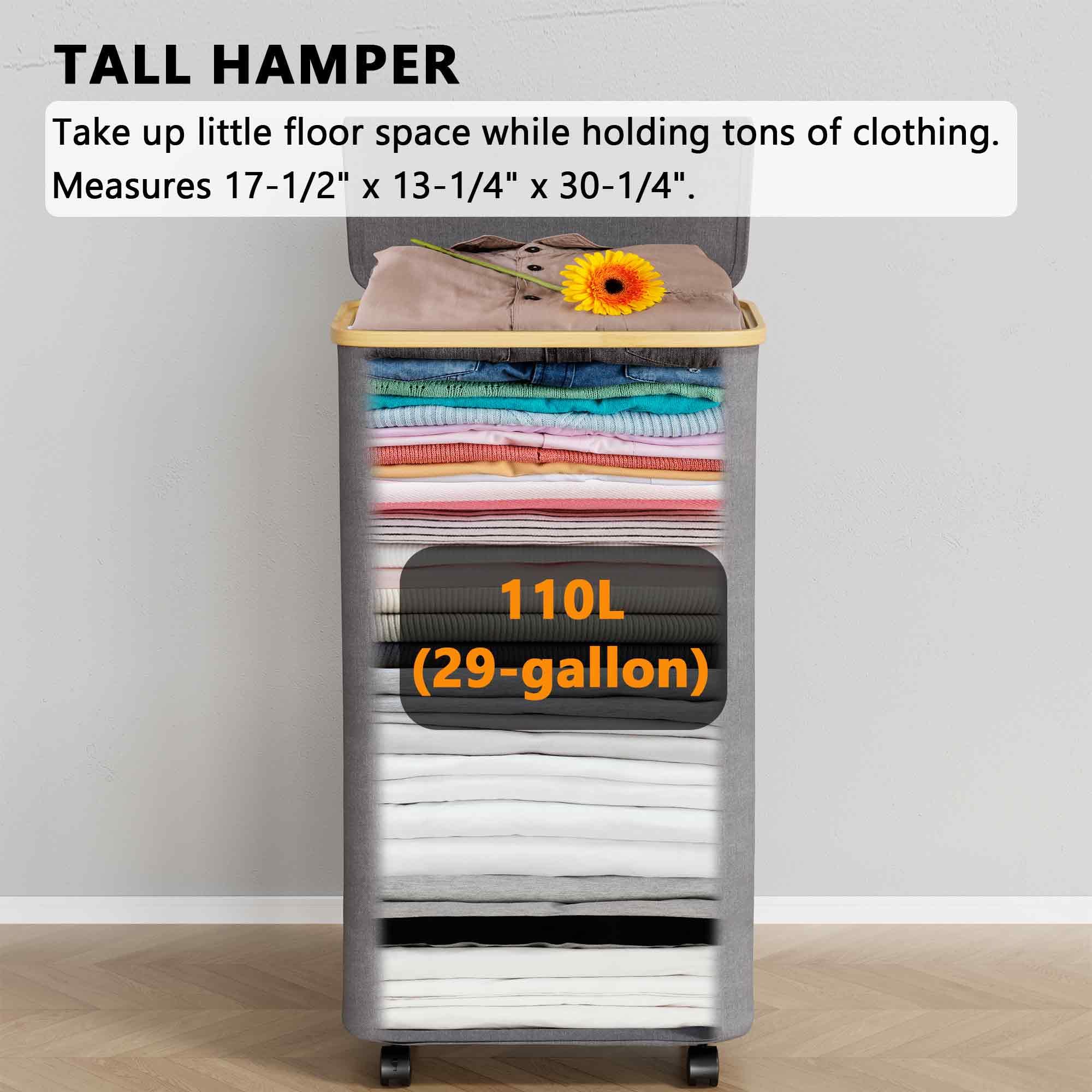 SpaceAid Rolling Laundry Hamper, 26 Gal (100L), Grey, with Wheels & Bamboo Handle, Model LH-08R, Ideal for Bedroom & Laundry Room