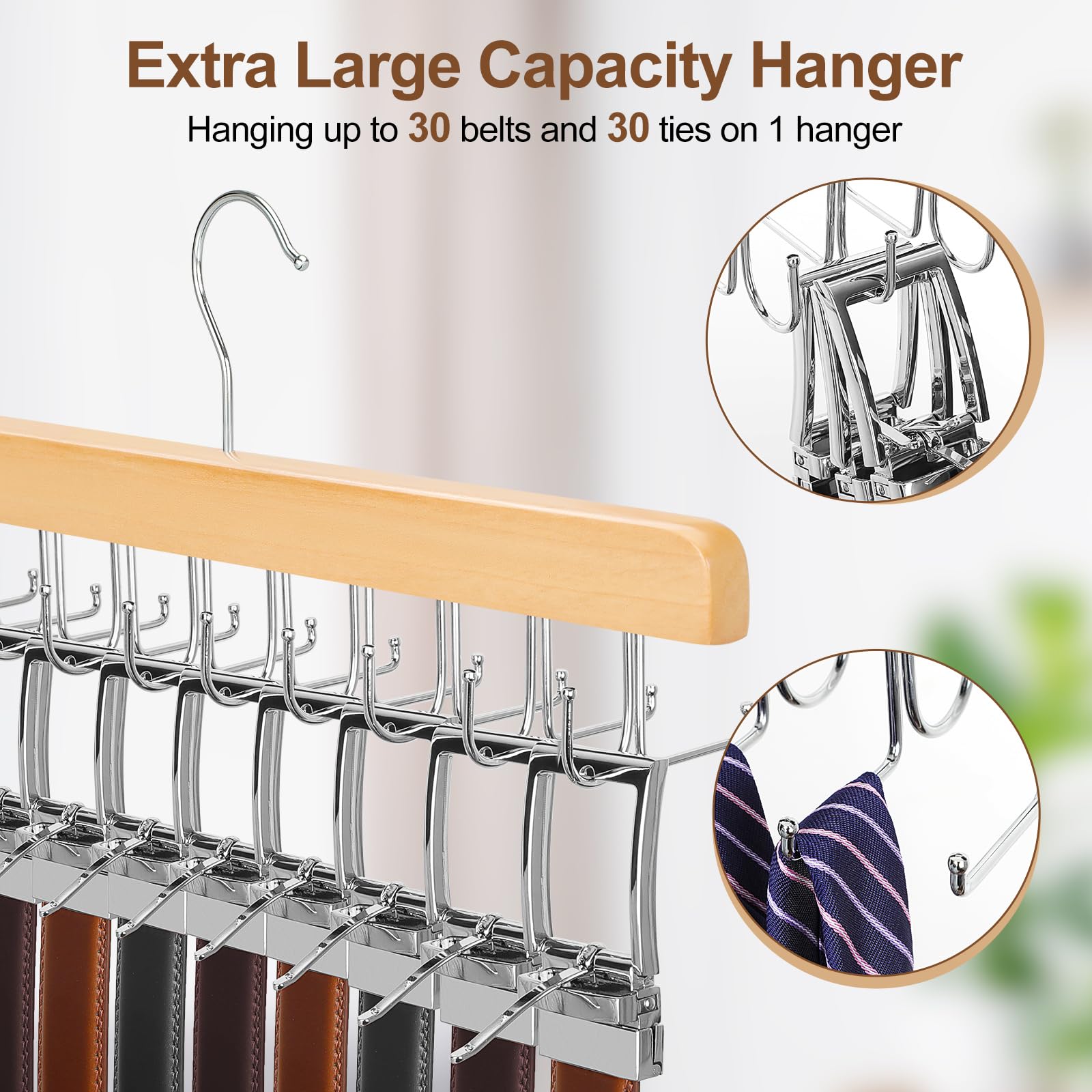 Topia Hanger 2 In 1 Belt Tie Hanger For Closet Max 30 Belts With 30 Ties Capacity, 20 Hooks Belt Tie Racks Wooden Hanger For Clo