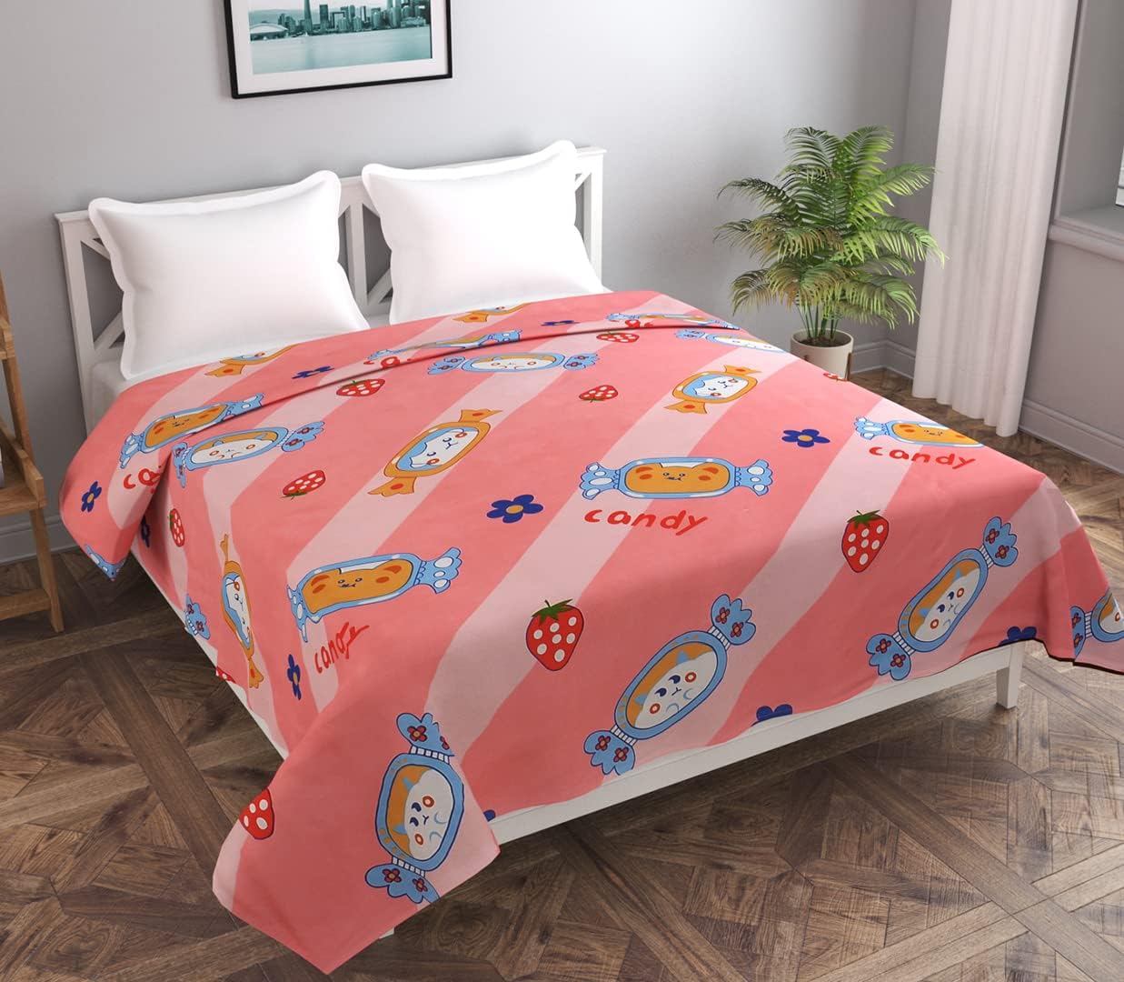 Kitch Deco Glace Cotton Printed Reversible Kids Double Bed & Kids Comforter/Dohar/Quilt, 200 Gsm (90X100Inch) Candy