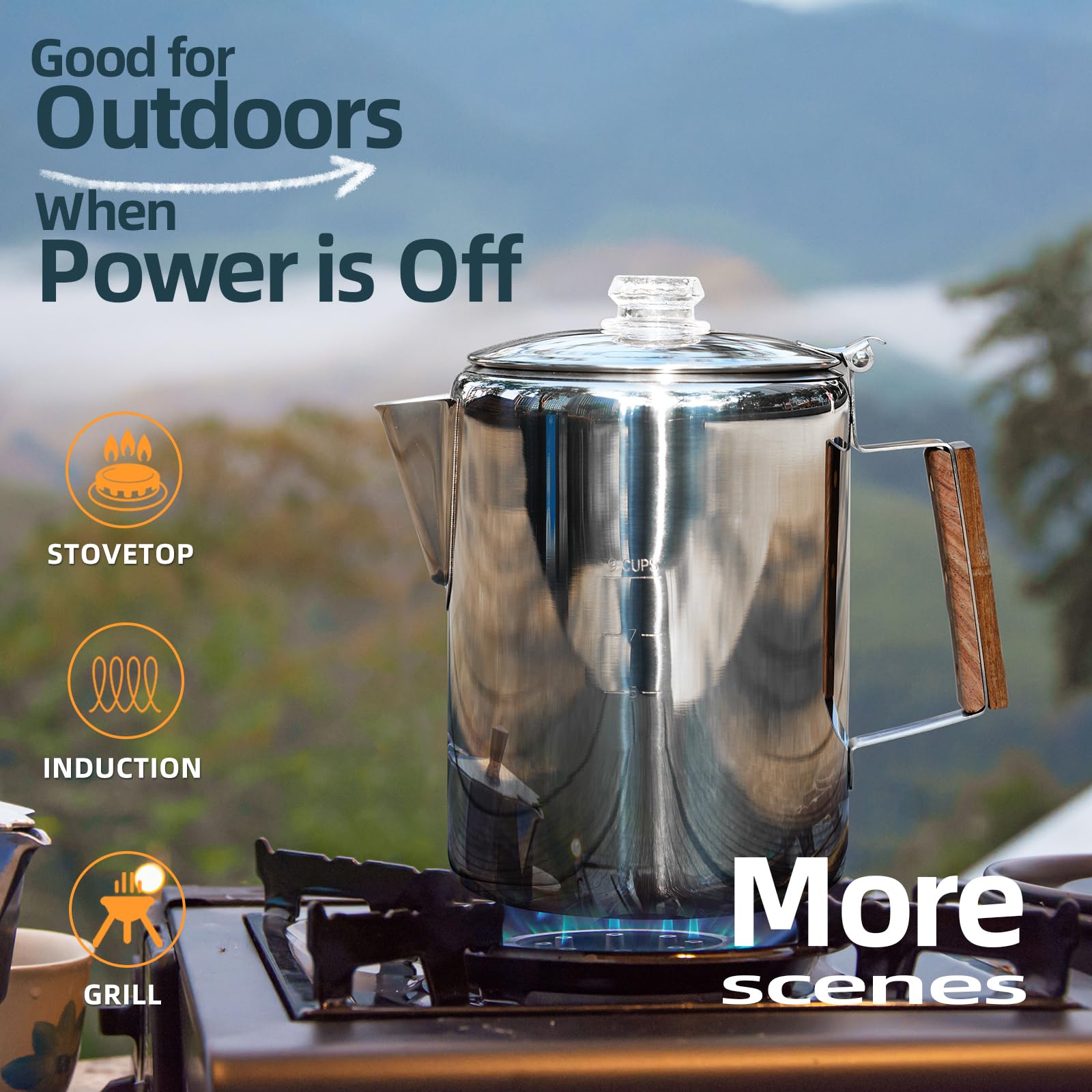 MEREZA 9 Cup Stainless Steel Camping Coffee Pot - Stovetop Percolator for Outdoors & Home