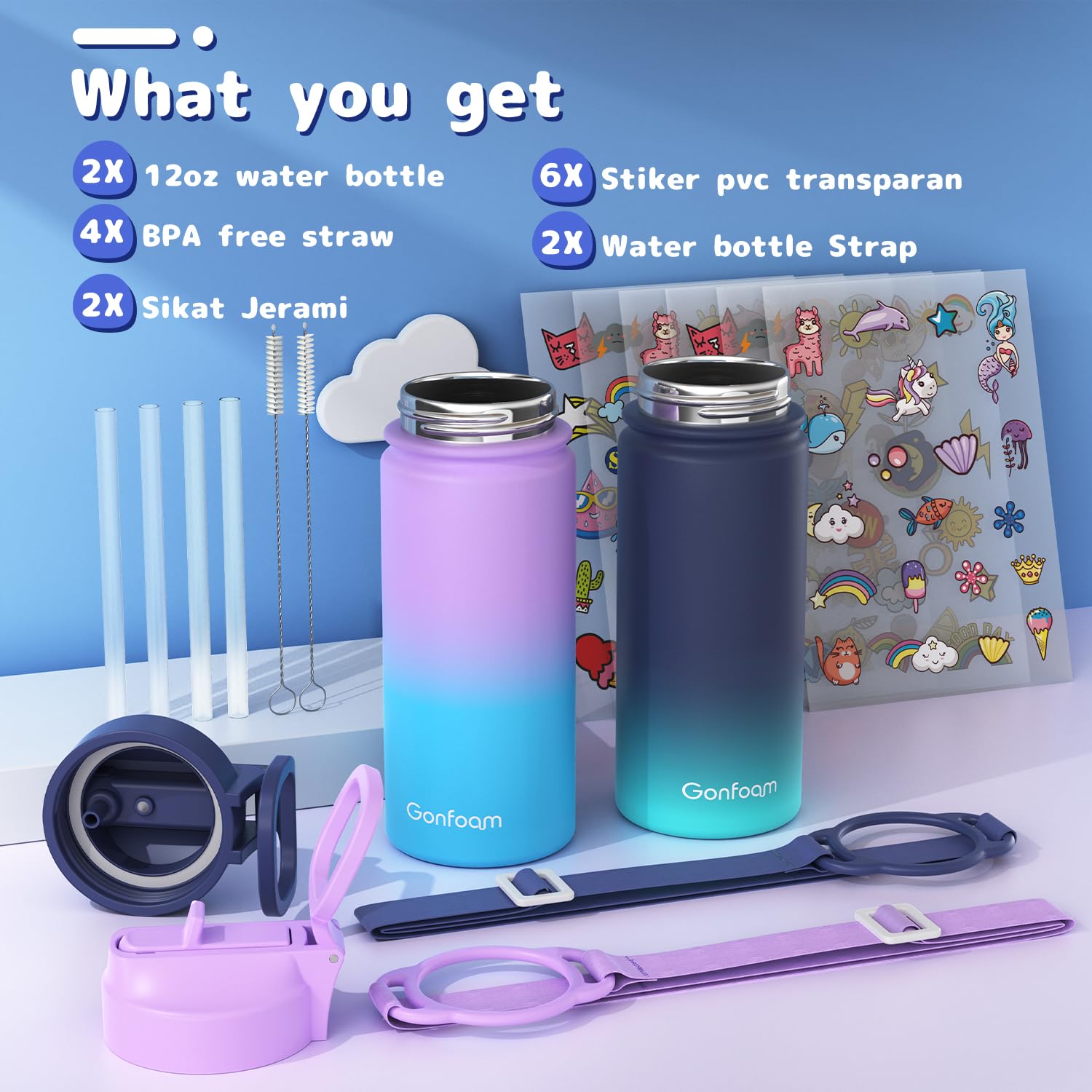 Kids Water Bottle, 2-Pack 16oz Water Bottles with Stickers and Straw, Stainless Steel Vacuum Insulated cup, Kids Water Bottle fo