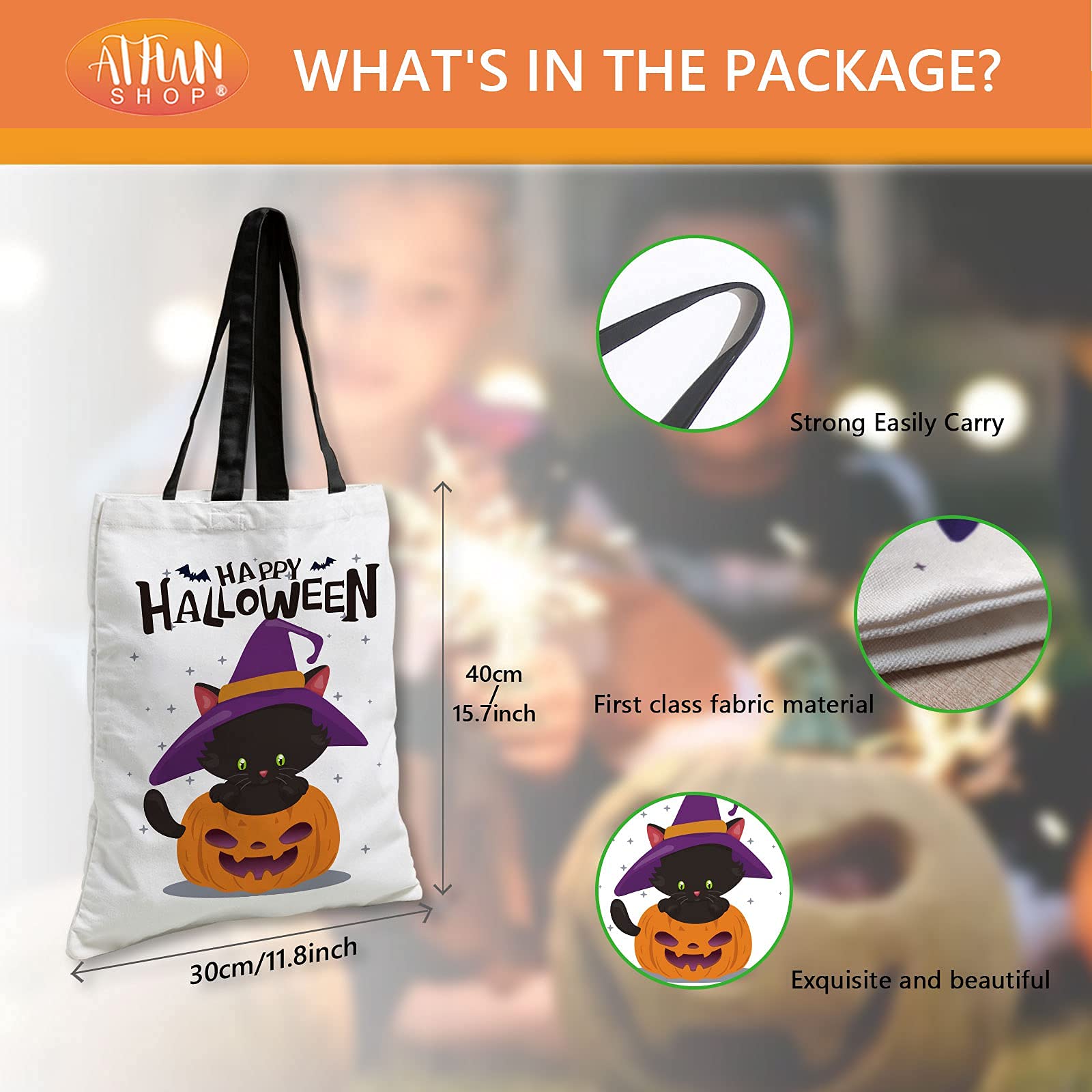Atfunshop Halloween Tote Bag Trick Or Treat Bag Black Cat Pumpkin Canvas Bags 15.7 X 11.8'' - Reusable Large Halloween Treat Bag