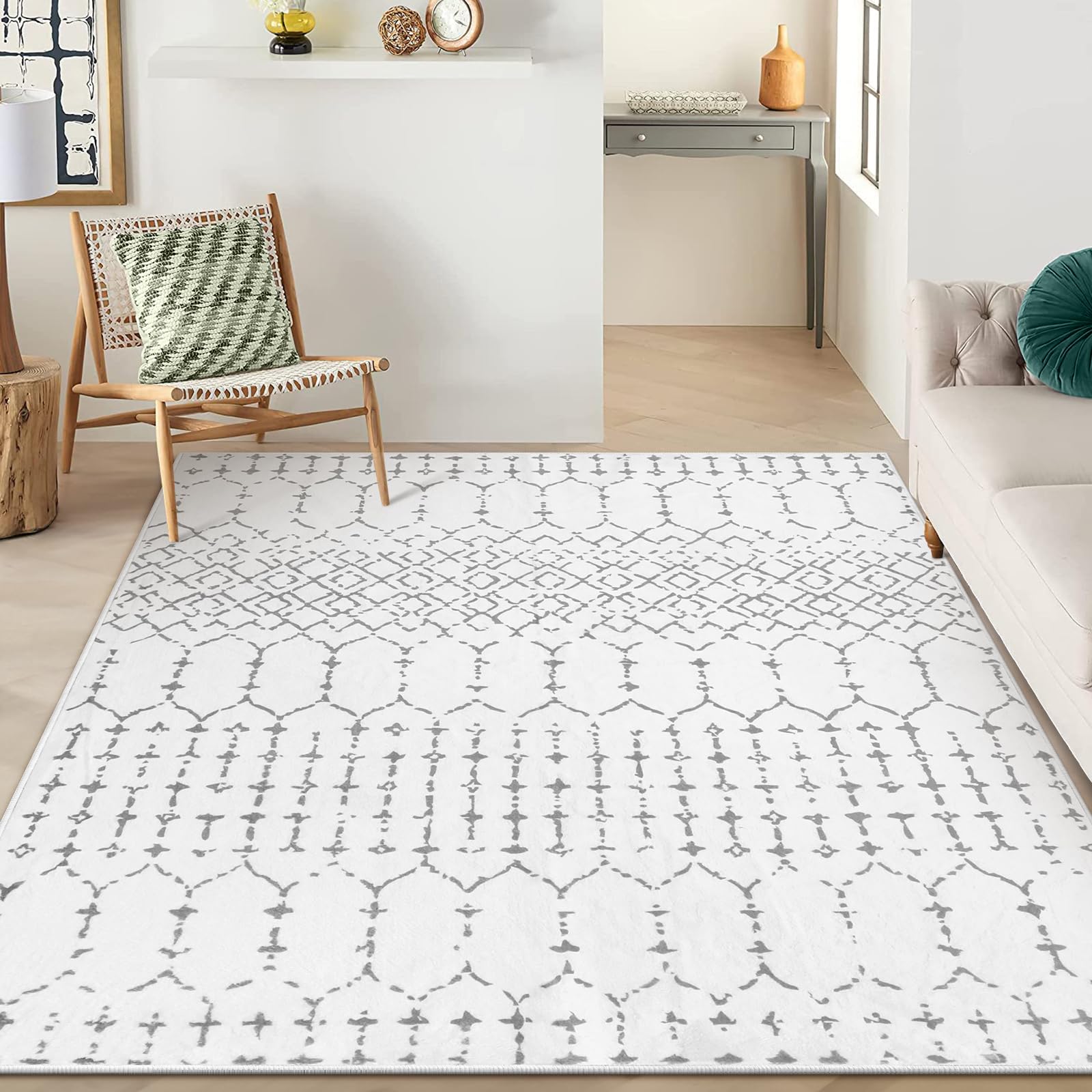 Lahome Moroccan Living Room Area Rug - Washable Rugs 5x7 Non-Slip Soft Throw Rugs for Bedroom White Lightweight Large Rug, Moder