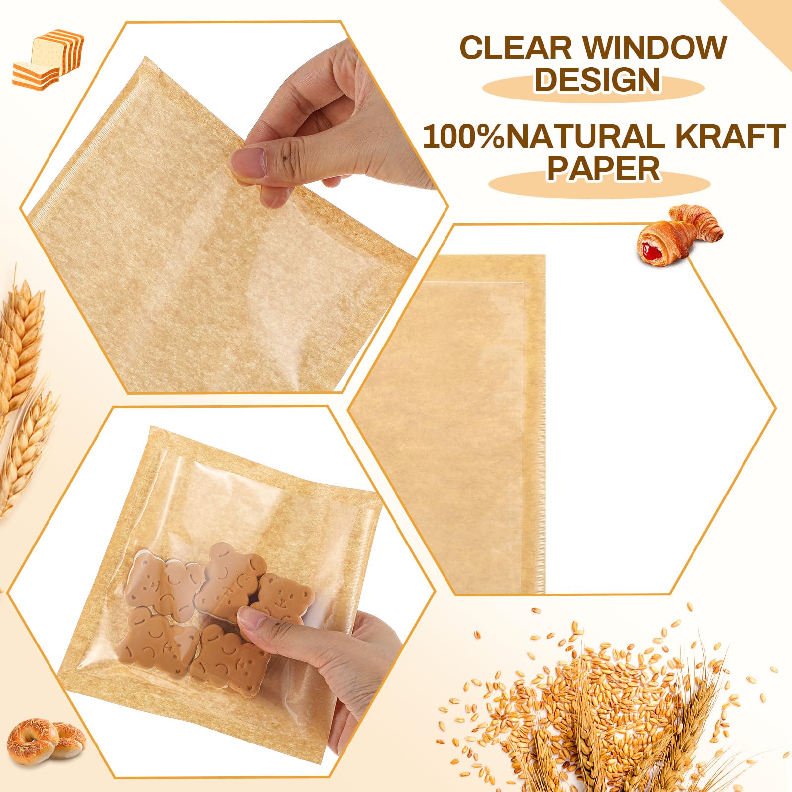 Outus 200 Pcs Cookie Packaging Bags with Seal, 5 x 6 Inch Bakery Pastry Bags with Window, Heat Sealable Grease Resistant Paper t