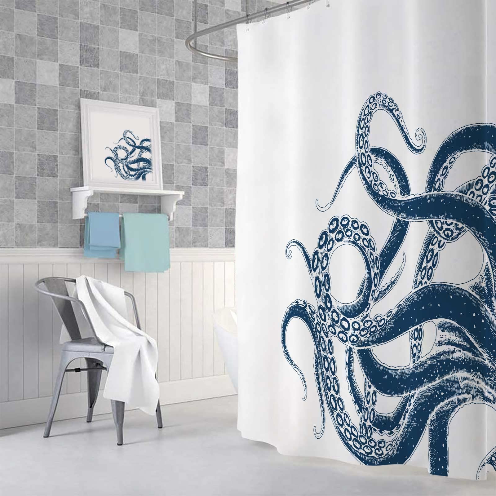 Veigike Octopus Decor Shower Curtain For Bathroom, Funny Blue And White Sea Monster Kraken Animal Fabric Shower Curtains Set, Un