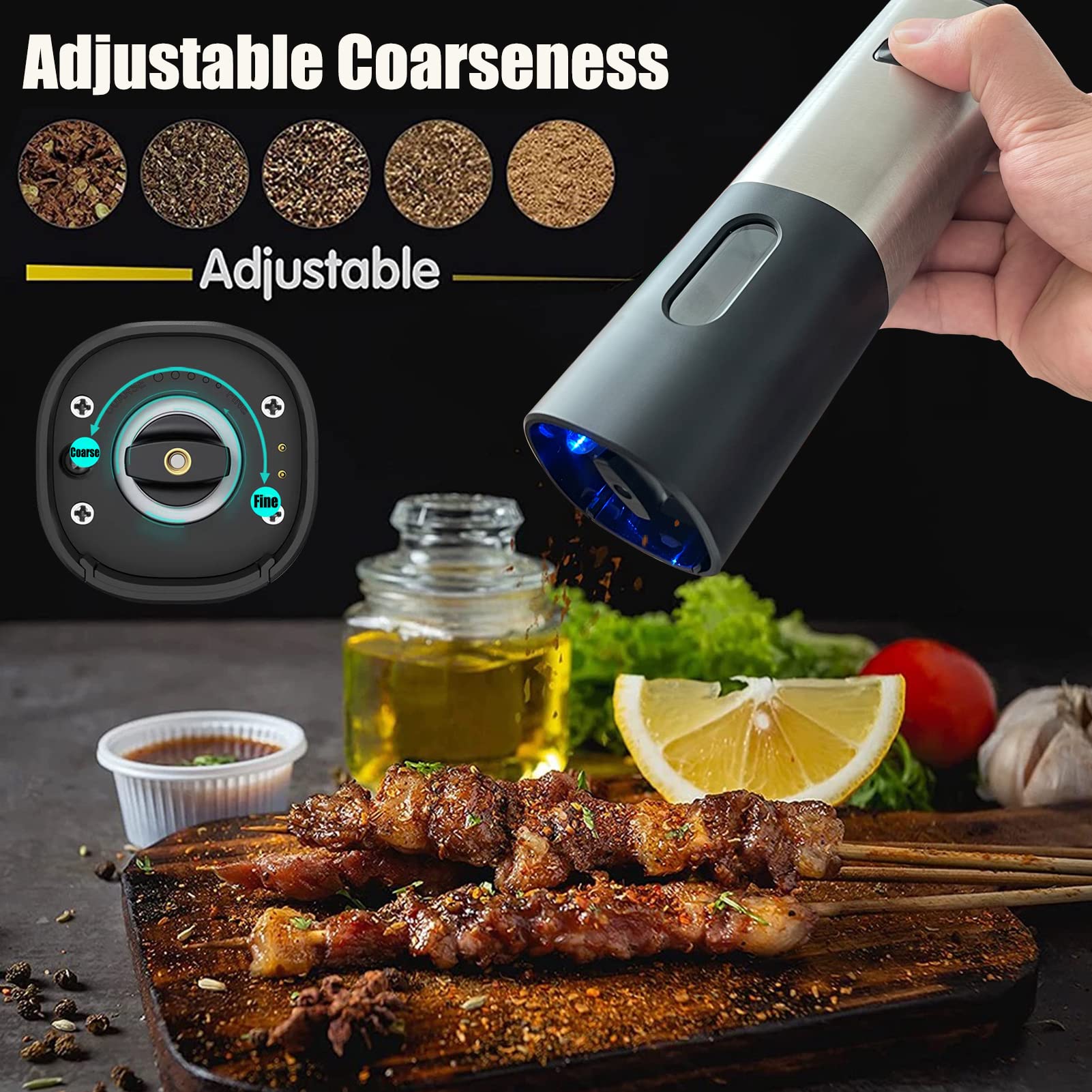 Rechargeable Electric Salt And Pepper Grinder Set With Charging Base, Derguam Stainless Steel Pepper Grinder With Adjustable Coa