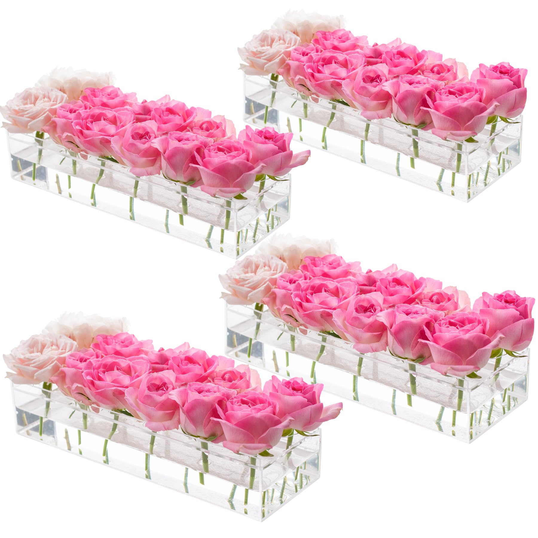 4Pcs Acrylic Flower Vase with 12Holes Clear Acrylic Modern Vases Rectangular Floral Centerpiece for Dining Table Low Decoration 