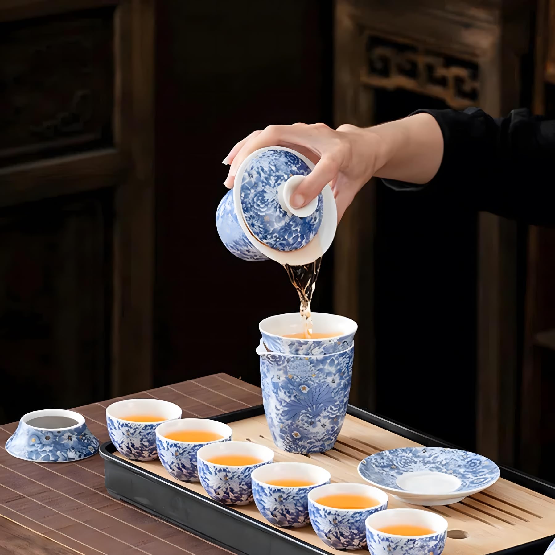ICHAG Chinese Tea Set, Gongfu Tea Sets for Adults, Asian Gaiwan Teaset, 14-Piece Yangzhi Jade (?????) with Suspended Gaiwan & Te