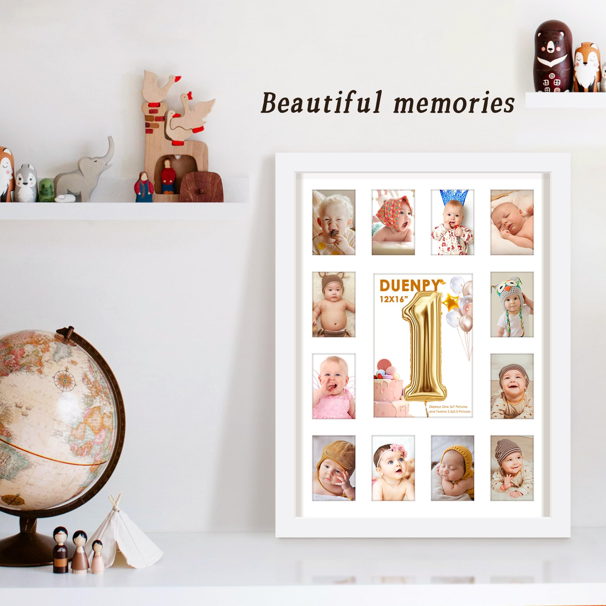 DUENPY 12x16 My First Year Picture Frame Displays One 5x7 inch and Twelve 2x3 inch Small Photo Collage Wall Hanging or Tabletop