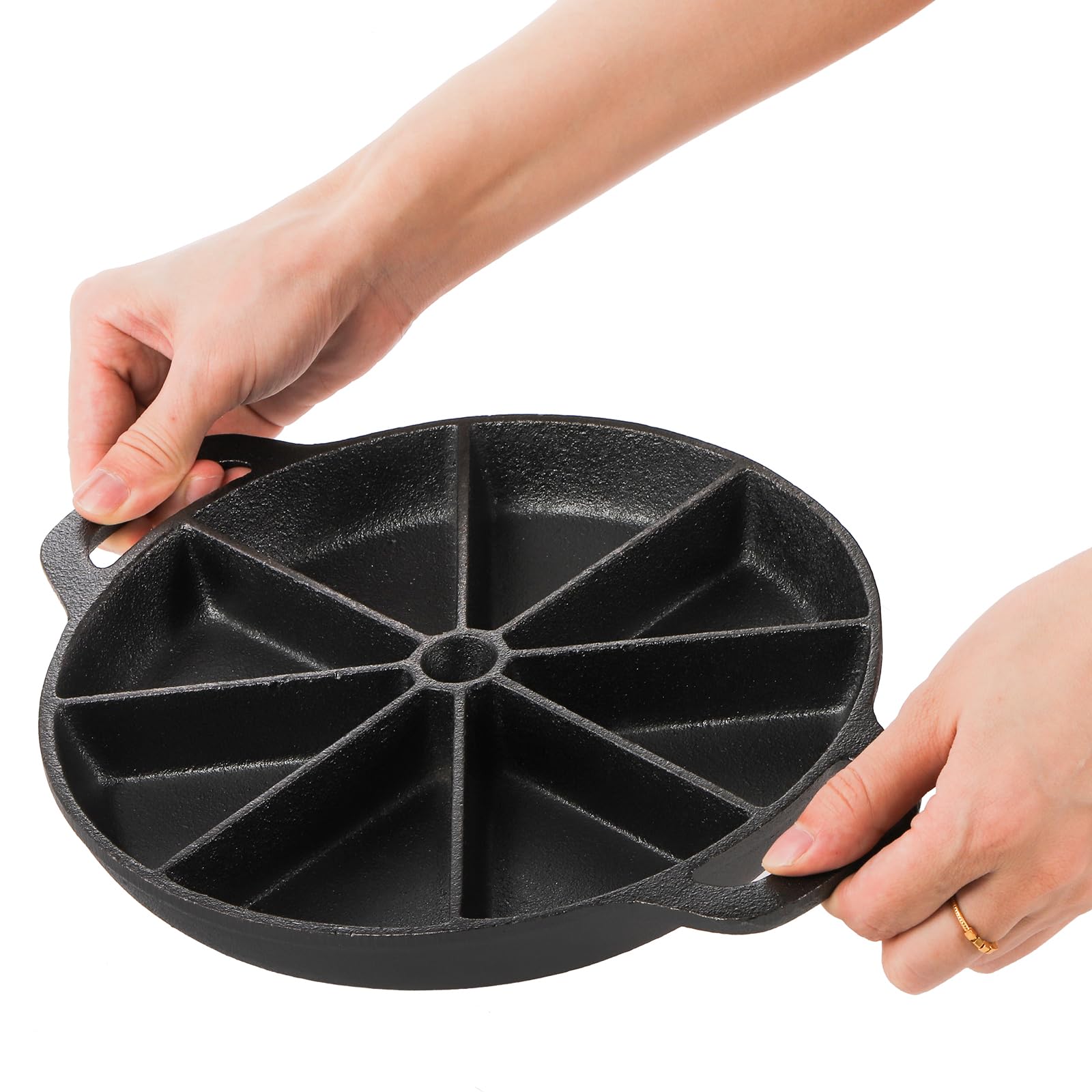 Wuweot Cast Iron Wedge Pan, Non Stick Round Corn Bread Skillet, Black 8-Edges Biscuit Pan With Double Handles For Scones, Corn S