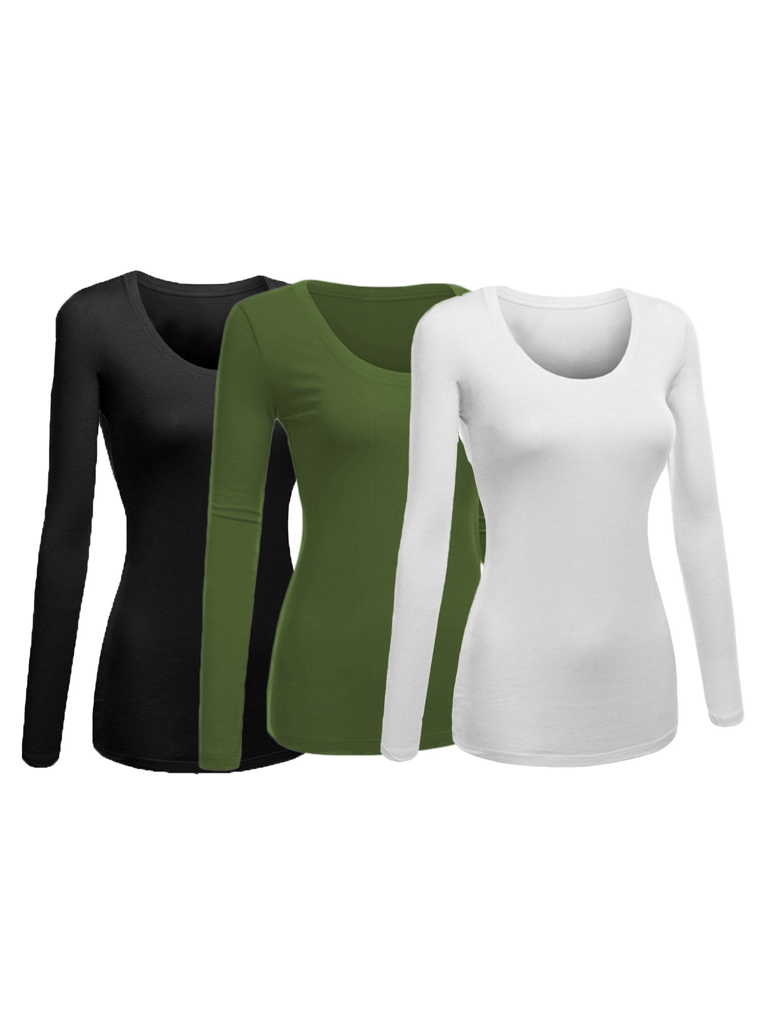 Emmalise Womens Junior And Plus Size Basic Scoop Neck Tshirt Long Sleeve Tee, Large, 3Pk Black, Olive, White
