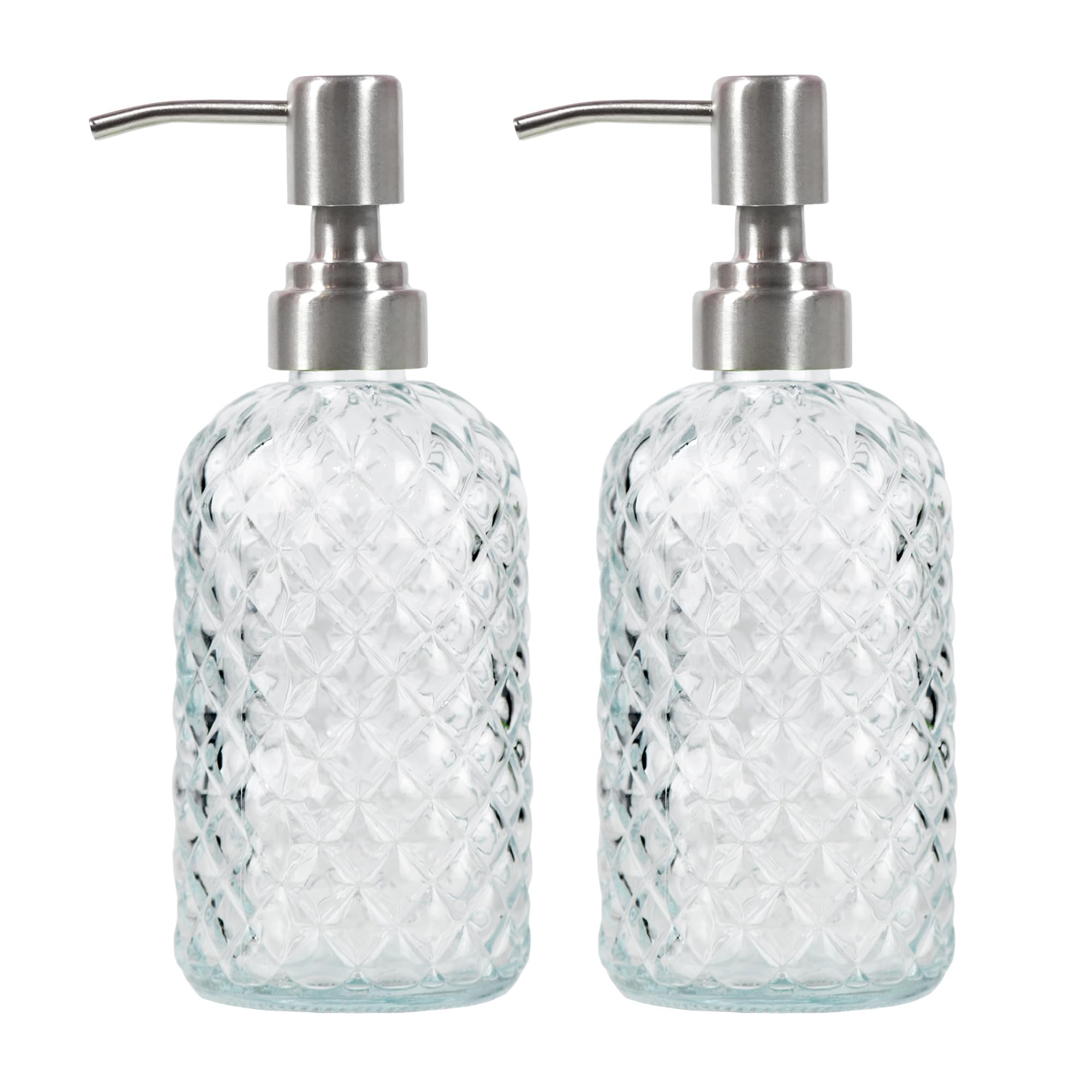 Bathroom & Kitchen Glass Hand And Dish Soap Dispenser With 304 Rustproof Stainless Steel Pump (Clear-2Pack)