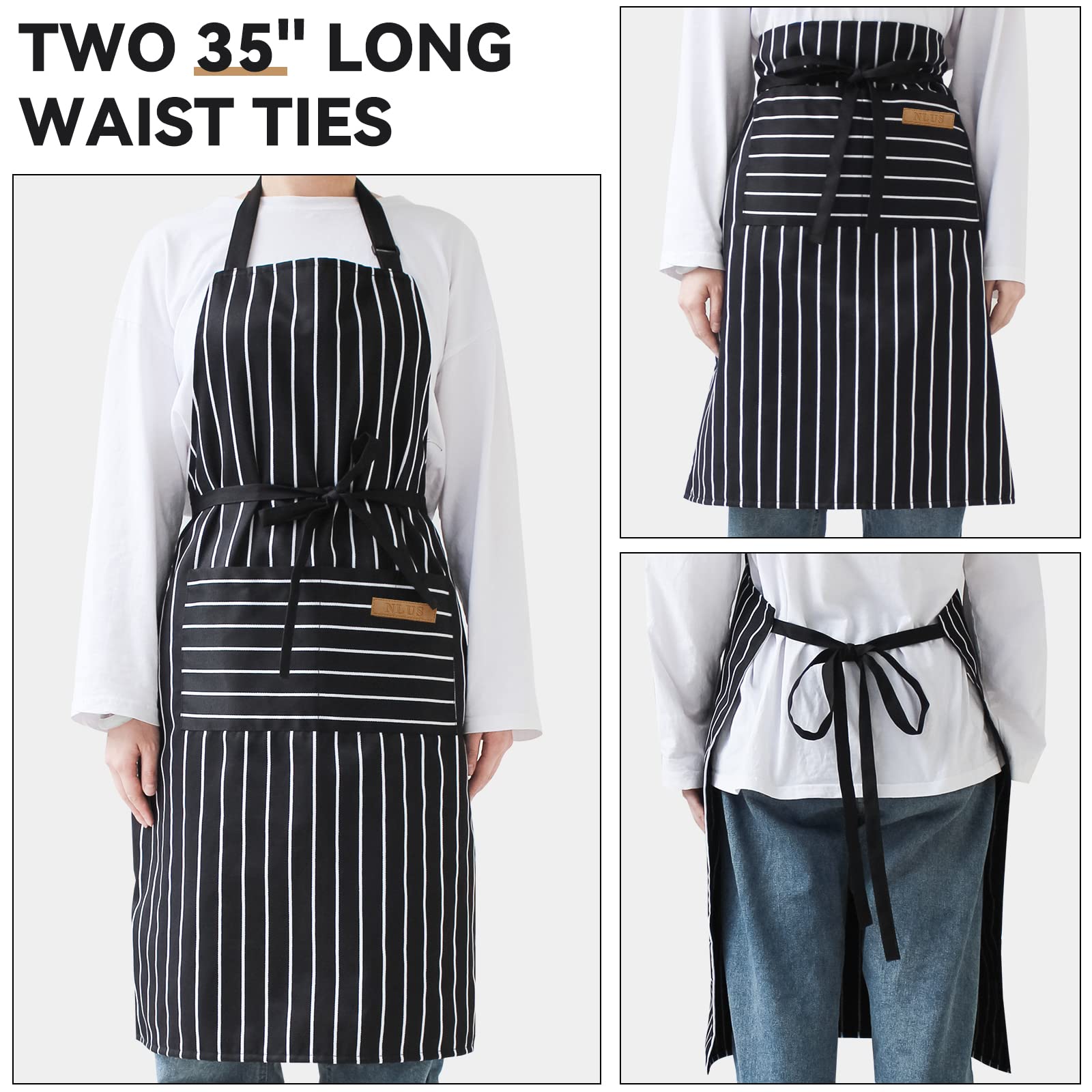 Nlus 2 Pack Kitchen Cooking Aprons, Adjustable Bib Soft Chef Apron With 2 Pockets For Men Women(Black/Brown Stripes)