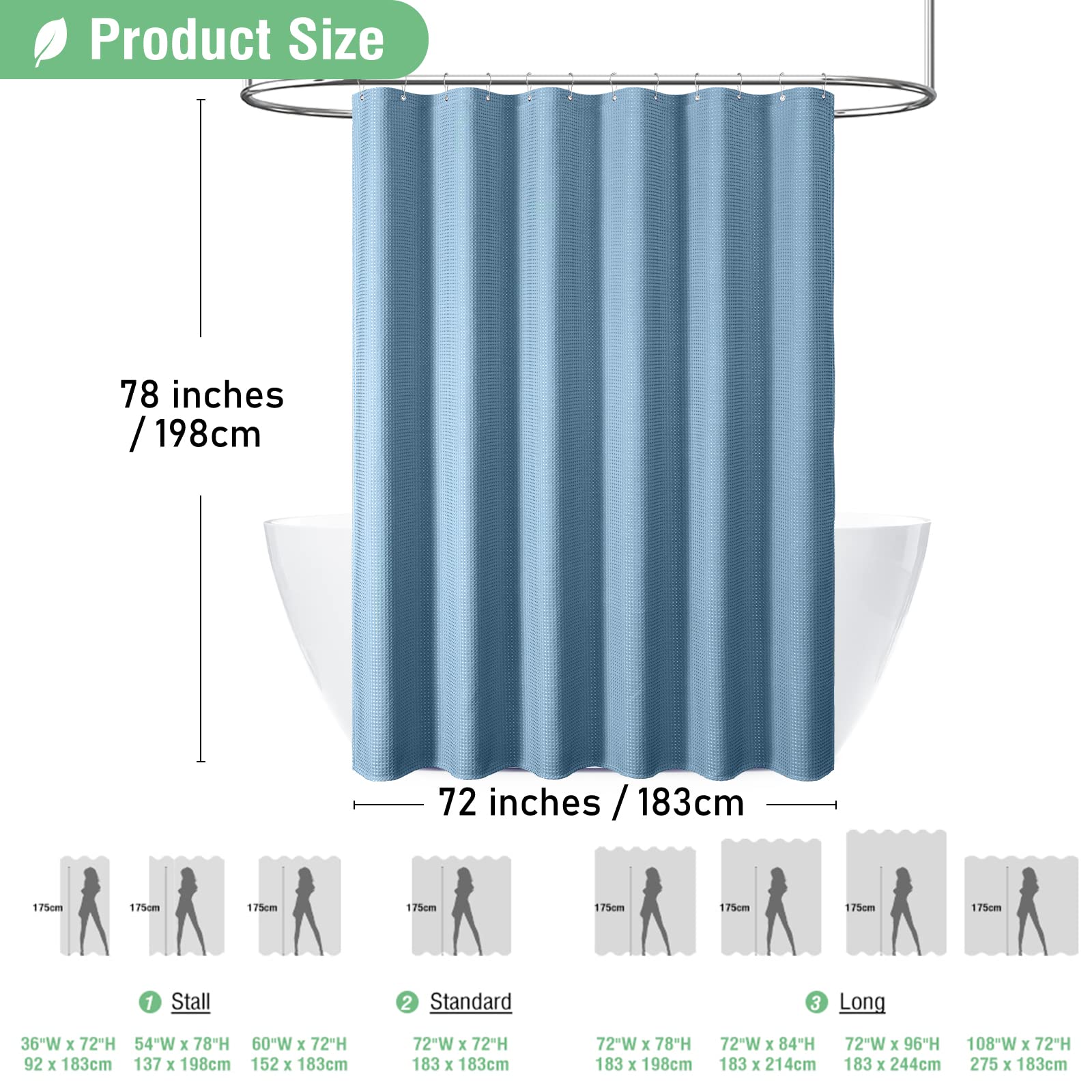 Dynamene Long Fabric Shower Curtain - 78 Inch Long Waffle Weave Weighted Cloth Shower Curtains For Bathroom, Heavy Duty Hotel Sp