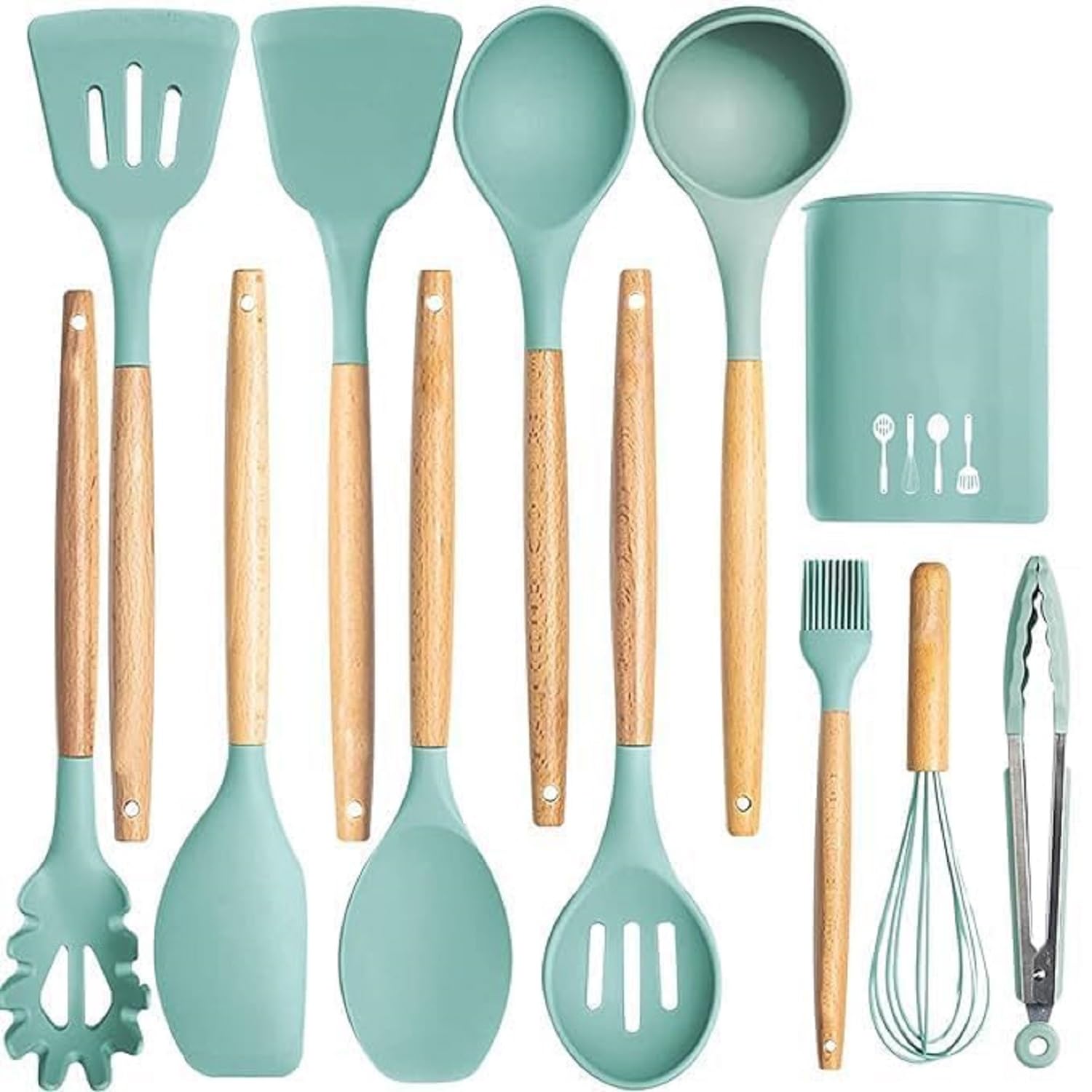 11Piece Silicone Kitchen Utensils Set With Wooden Handles & Holder  Spatulas, Tongs, Turner, Ladle & Spoon For Nonstick Cookwa
