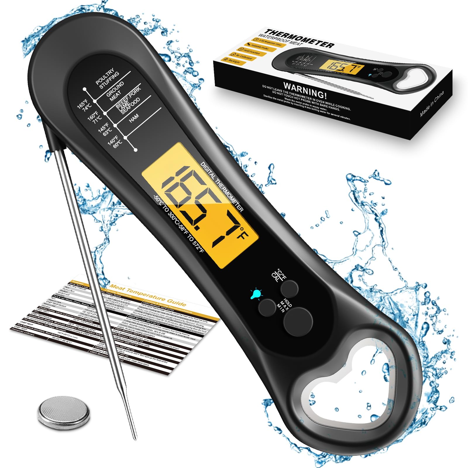 Meat Thermometer Digital, Instant Read Meat Thermometer For Grill And Cooking, With Bottle Opener, Backlight & Calibration Food
