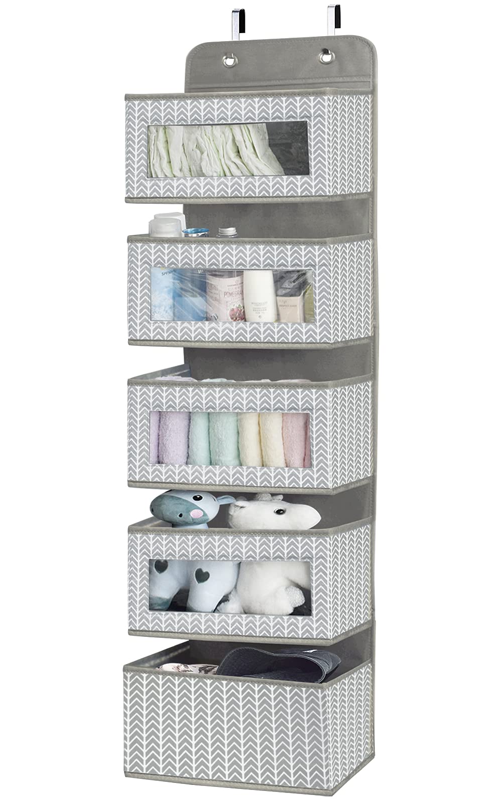 Over The Door Hanging Organizer With 5 Large Pockets - Wall Mount Pantry Storage With Clear Pvc Window & 2 Big Metal Hooks For C
