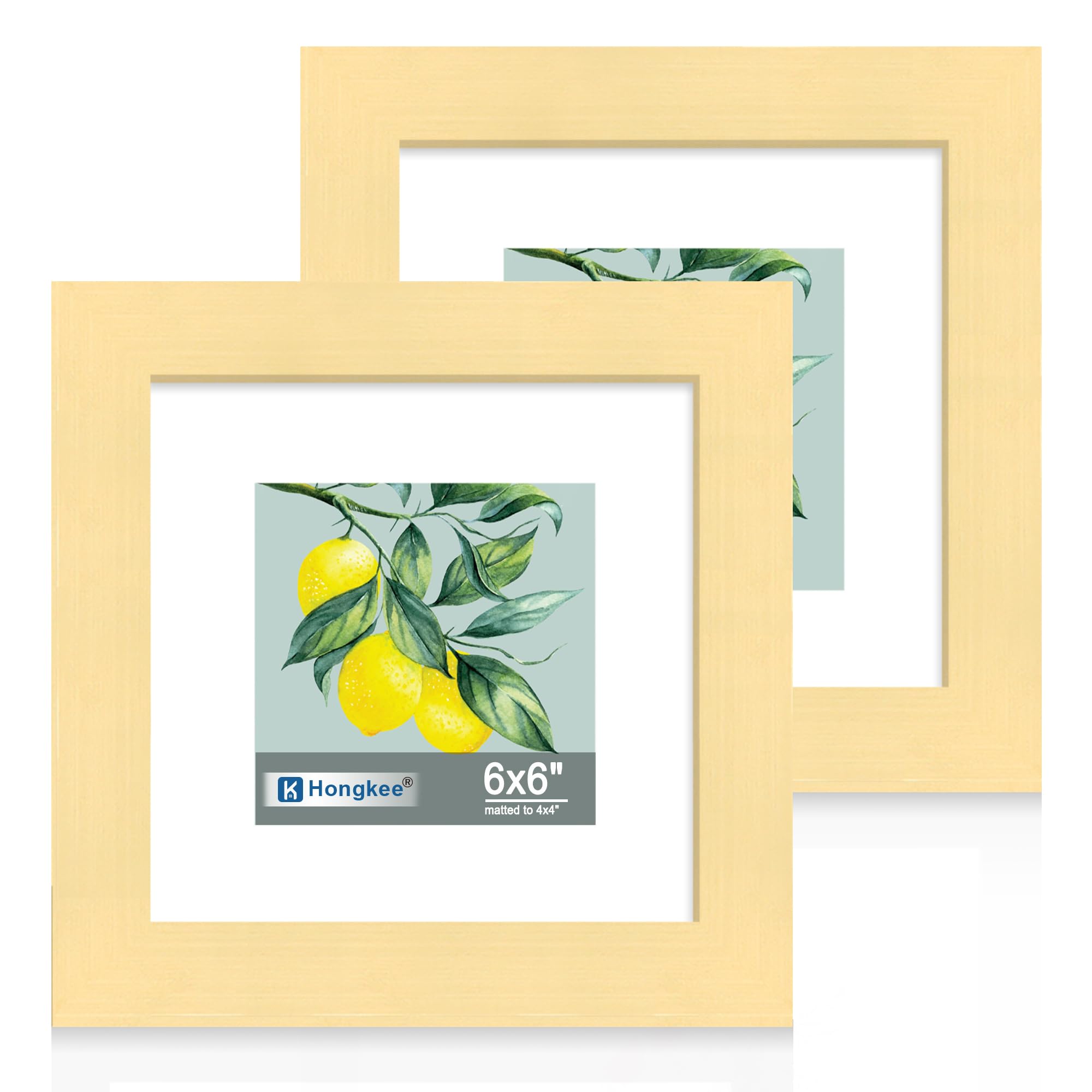 Hongkee 6x6 Picture Frame Set of 2, Made of Real Glass and Gold Wooden Frame - Display Square 4x4 with Mat or 6x6 Without Mat, 6
