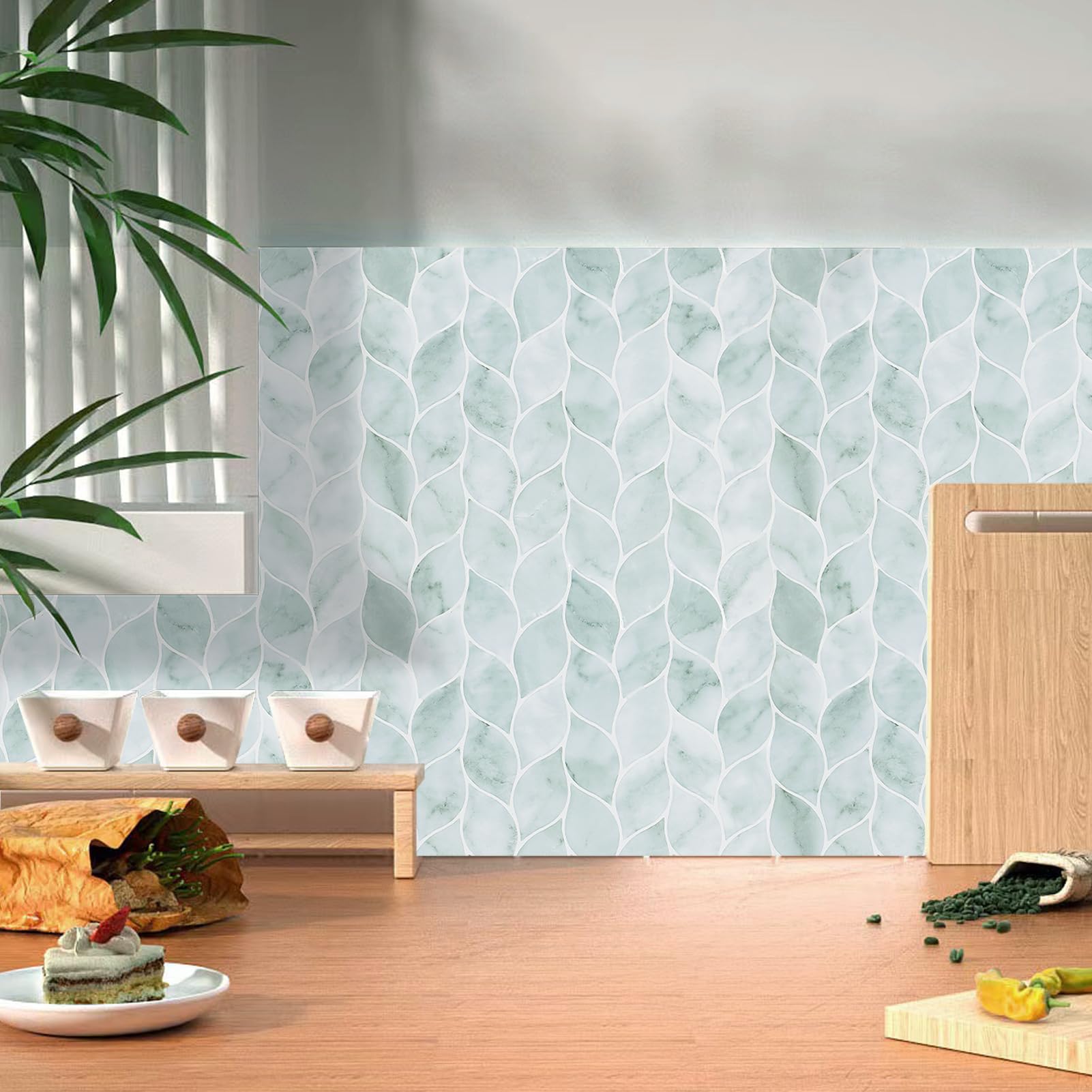 Tilingview 10 Pcs Green Leaf Shape Peel And Stick For Kitchen Backsplash, Premium Self-Adhesive Tiles Wall Stickers (Teal)