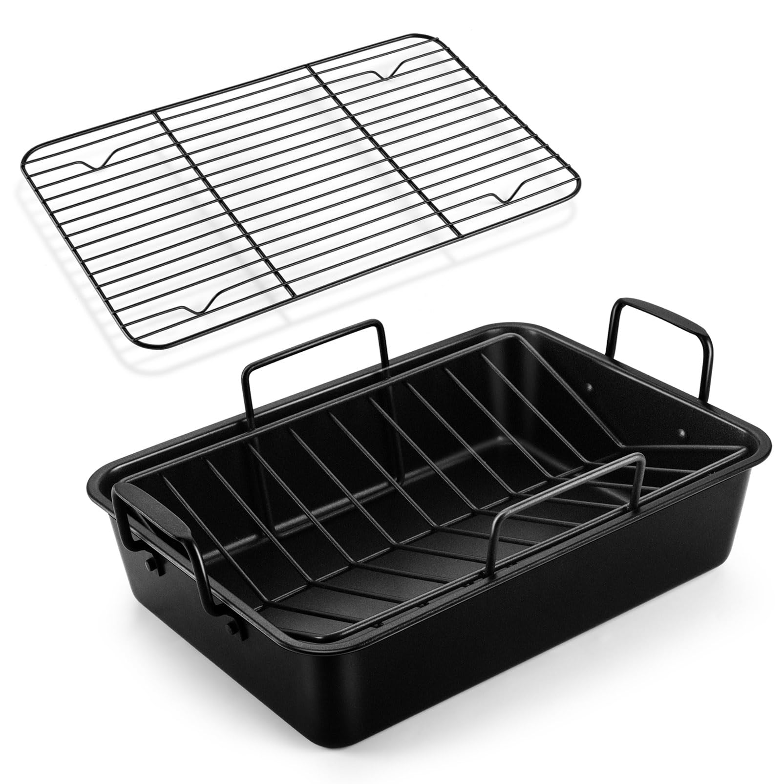 Teamfar Roasting Pan, 15 Nonstick Deep Lasagna Brownie Turkey Pan With V-Shaped Rack & Cooling Rack, With Stainless Steel Core &
