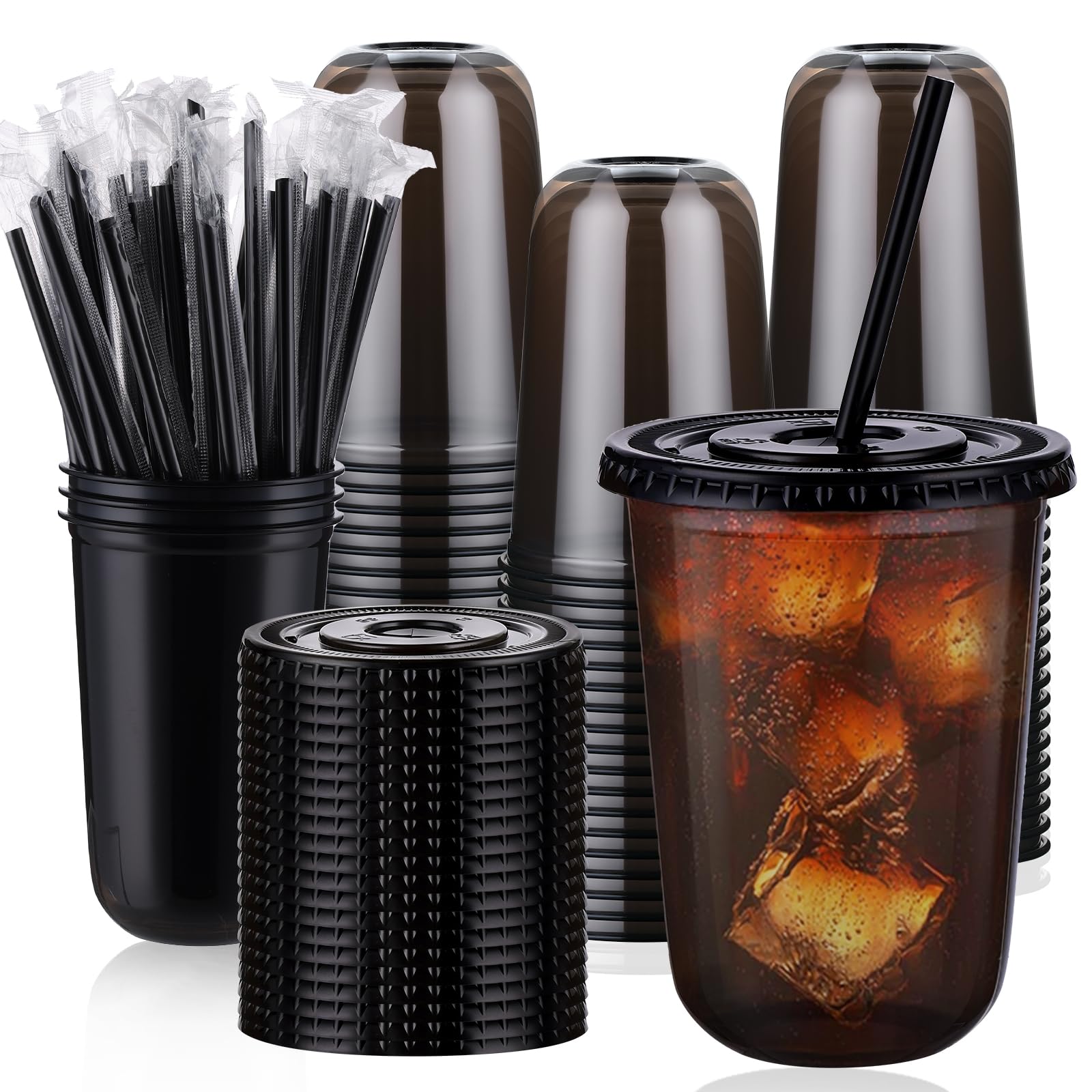 tchrules 100 Set 16oz Plastic Cups with Lids and Straws, Disposable Black Clear Iced Coffee Cup with Lid, Round Bottom Plastic T