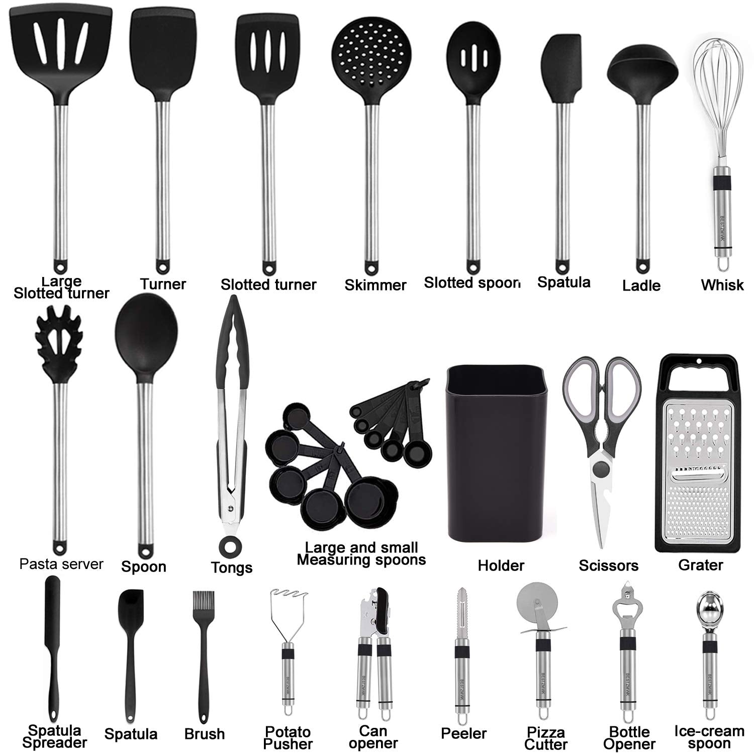 Kitchen Utensil Set-Silicone Cooking Utensils-33 Kitchen Gadgets & Spoons For Nonstick Cookware-Silicone And Stainless Steel Spa
