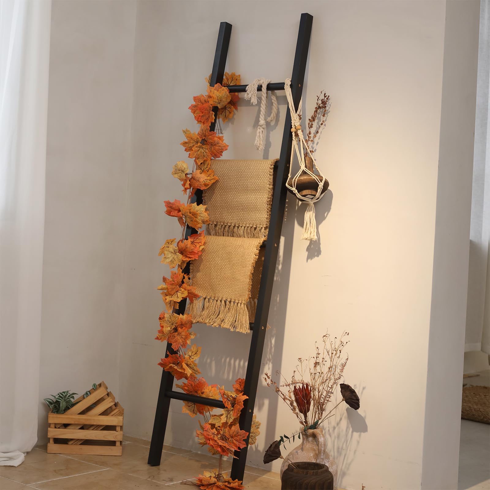 Fuin 6Ft Wooden Black Blanket Ladder Living Room Decorative Wall Leaning Farmhouse Quilt Display Holder Rustic Wood Towel Rack F